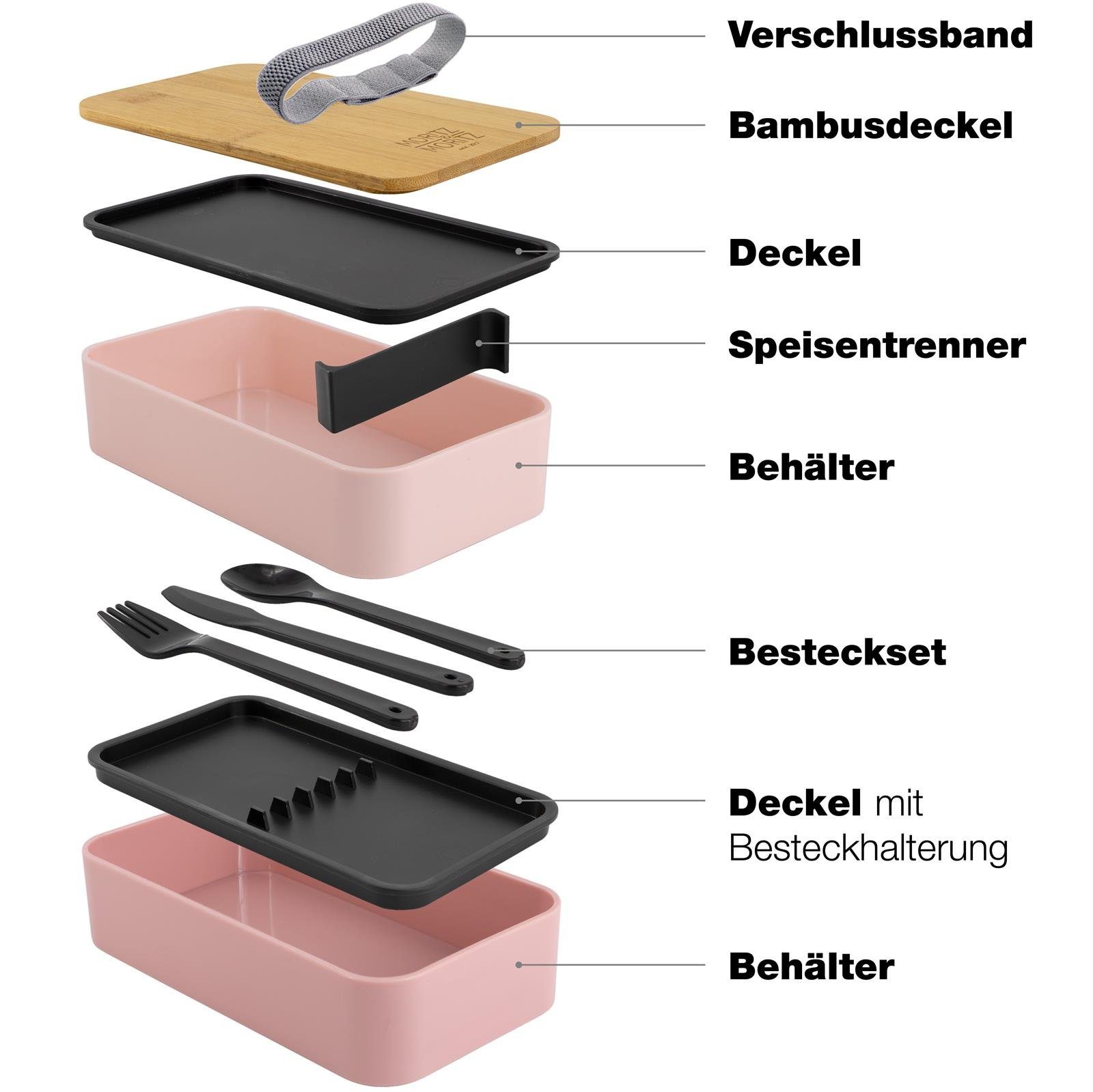 Moritz & Moritz Lunchbox Bento Box, Kunststoff, Bambus, Elasthan, (Set, 10-tlg), Bento Lunchbox für Erwachsene und Kinder - inkl. Besteck-Set