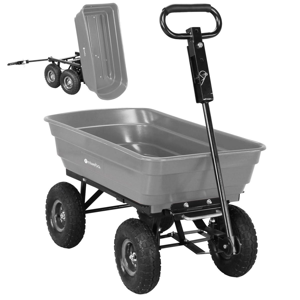 miweba Bollerwagen Gartenwagen Transportkarre Dumper (300 kg Zuladung - Kippverriegelung - 75 L Volumen - Kippfunktion - Doppelachse, 1-tlg., deichselgeführte Lenkachse - Anhängerfunktion - Luftreifen), Transportwagen - Gartenkarre- Gartenwagen - Schubkarre