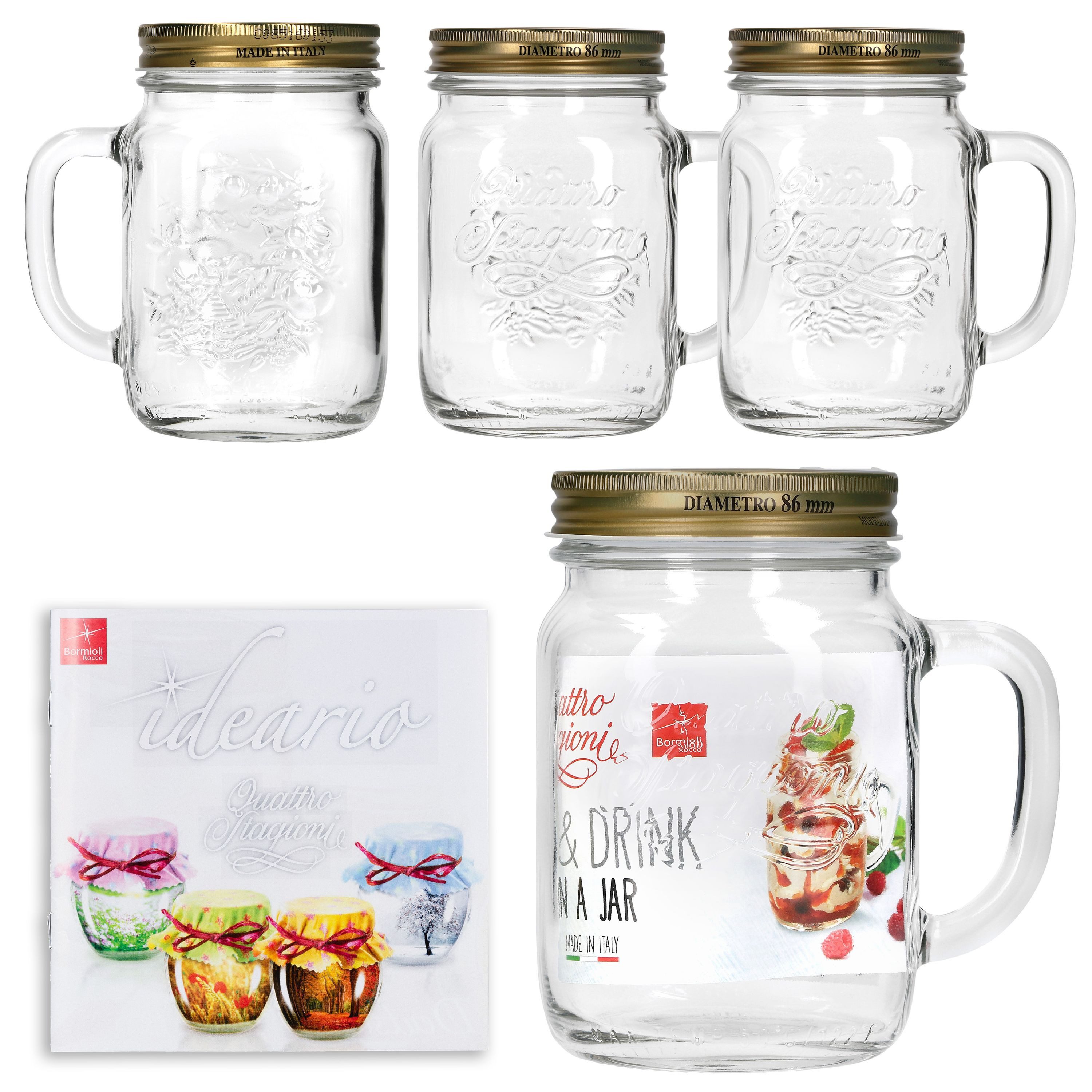 Bormioli Rocco Glas 4x Quattro Stagioni Henkel-Gläser 0,75L + Rezeptheft Cocktail-Glas, Glas