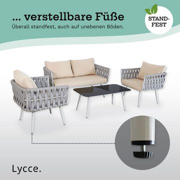 Lycce Loungeset Gartenmöbel-Set WEAVE: 2 Sessel, 1 Sofa, 1 Tisch mit Glasplatte, Loungemöbelset mit Kissen