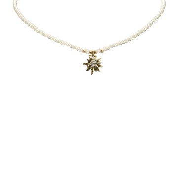 Alpenflüstern Collier Filigran Perlen-Trachtenkette Strass-Edelweiß (creme-weiß), - Damen-Trachtenschmuck mit antik-gold-farbenem Edelweiss, Dirndlkette