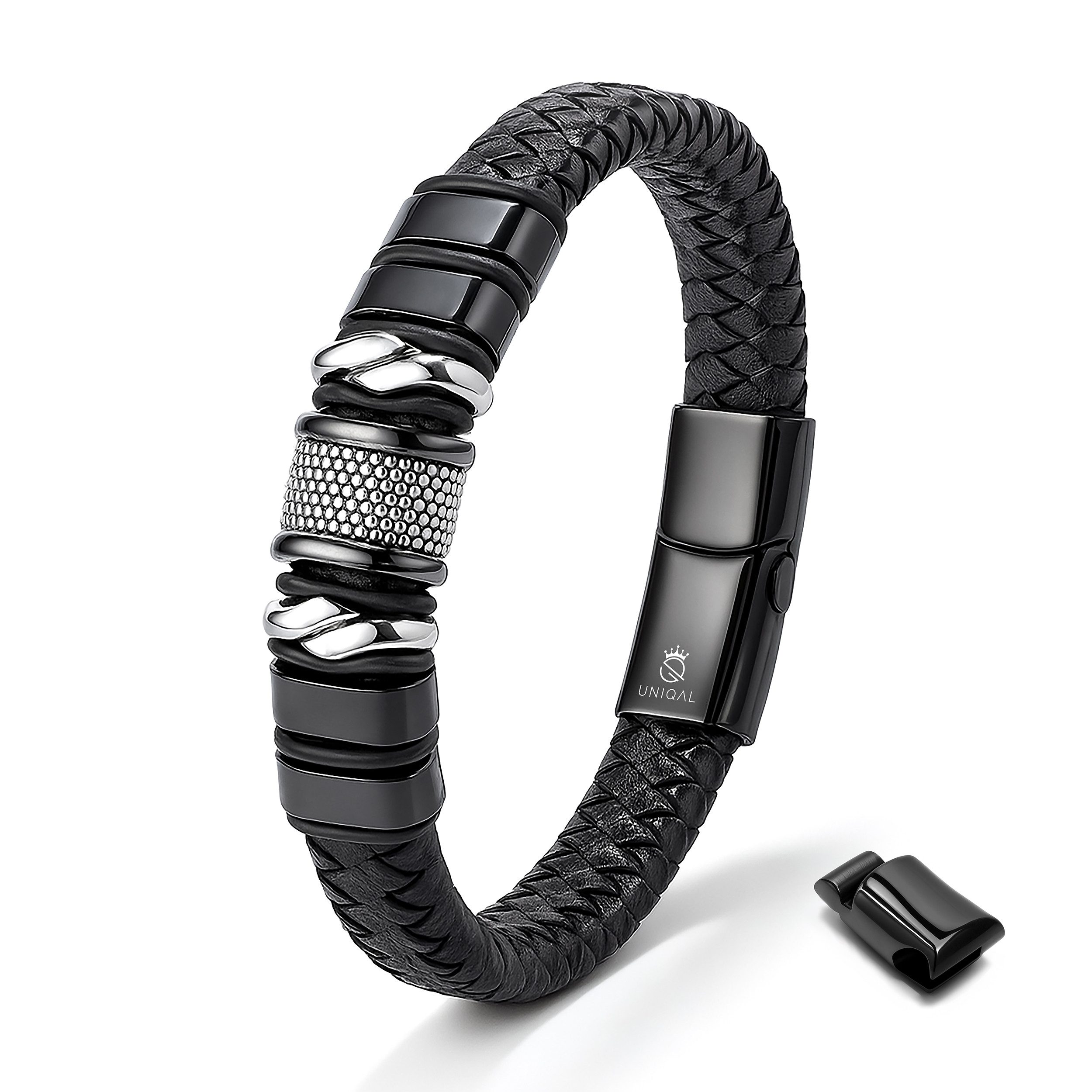 UNIQAL.de Lederarmband „MAMBA“ – Maskulines Design in Schwarz & Silber (Echtleder, Edelsthal, Magnetverschluss mit Verlängerungsglied, perfektes Geschenk, Bewährte UNIQAL Qualität), Designed in Germany