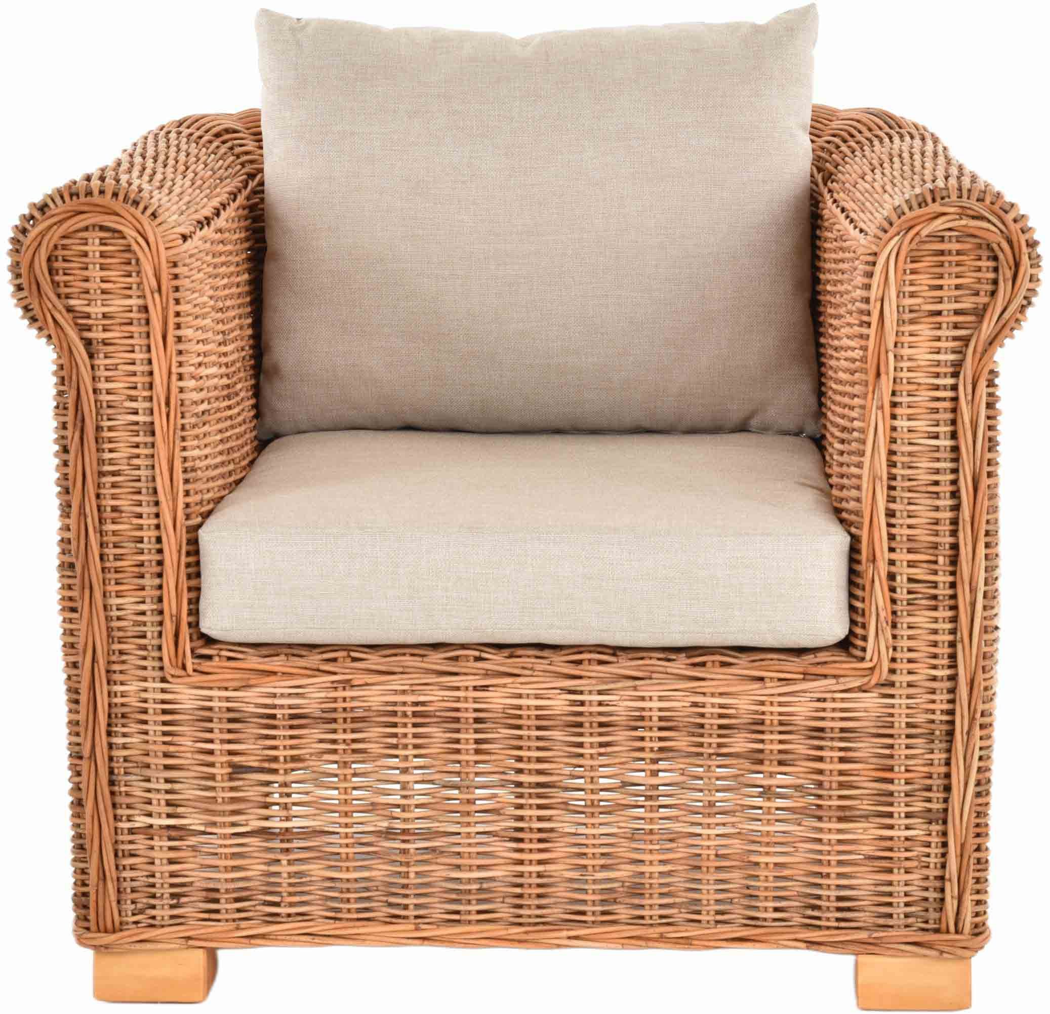 Krines Home Loungesessel Wohnzimmer-Sessel Nizza aus echtem, ungeschältem Rattan/Lounge-Sessel, mit Polster