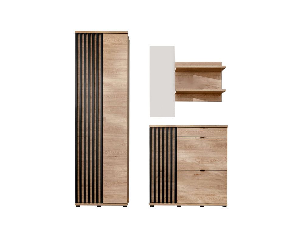 99rooms Garderoben-Set Pedri III, (Set (3-St), Garderobenset), Wandregal mit Spiegel, Schrank, Schuhschrank