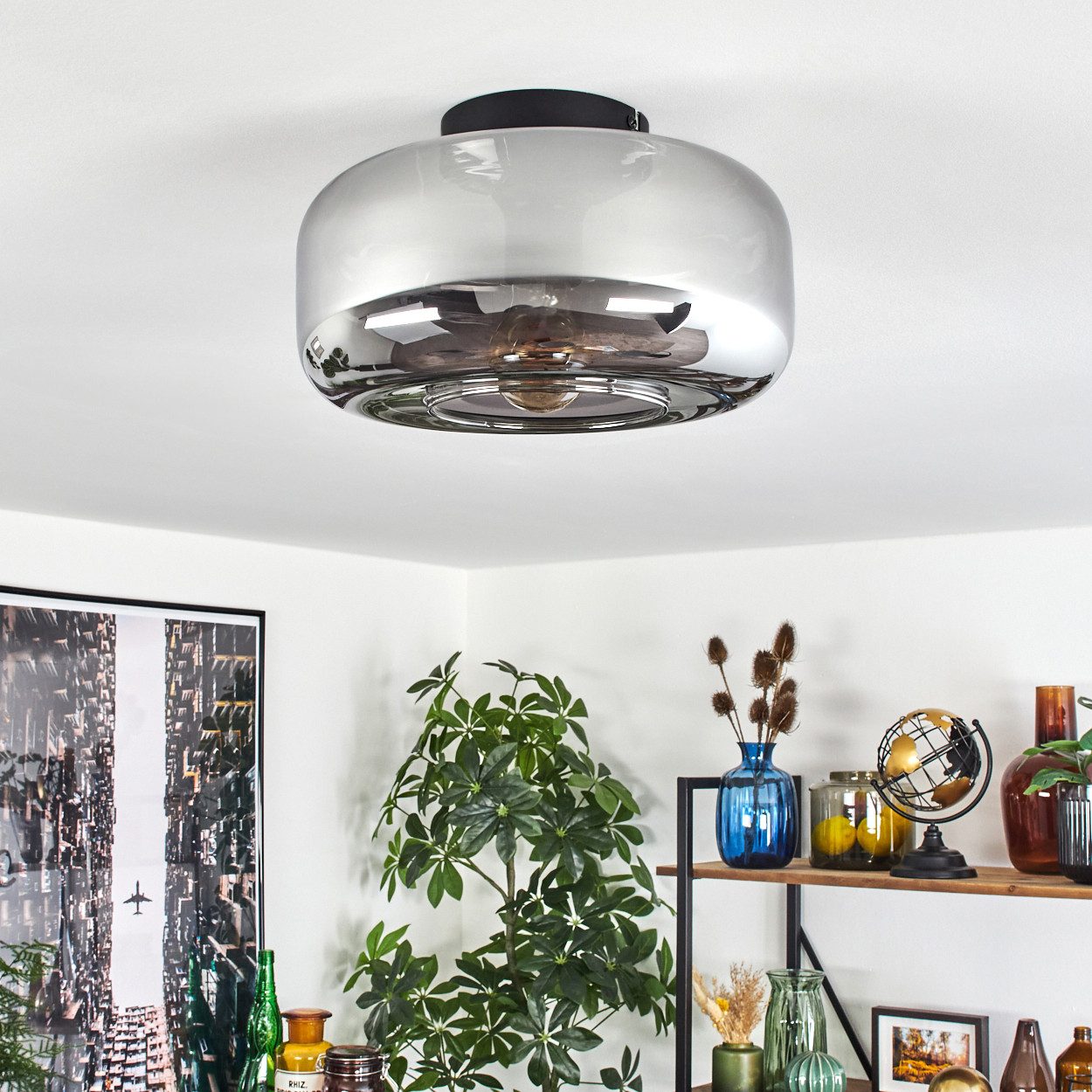 hofstein Deckenleuchte runde Deckenlampe aus Metall/Glas in Schwarz/Rauchfarben, ohne Leuchtmittel, im Vintage-Design mit Glasschirm (28 cm), 1 x E27, ohne Leuchtmittel