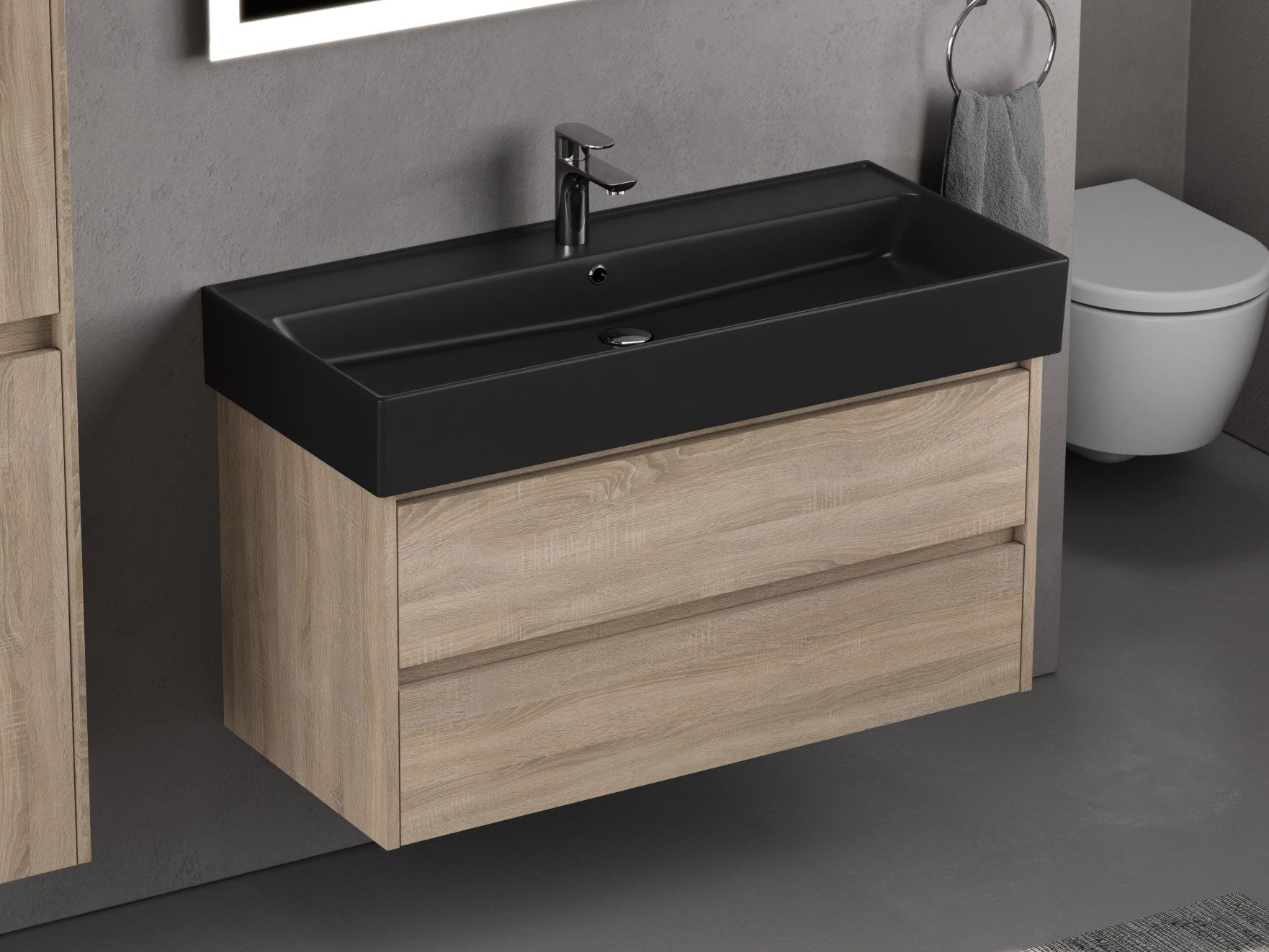 Aqua Bagno Badmöbel-Set Waschplatz 100 cm Unterschrank MDF Eiche Gold 2 Soft-Close Schubladen, (vormontiert, 2-St., Badmöbelschrank lackiert, Keramikwaschbecken), einfache Montage, Badschrank