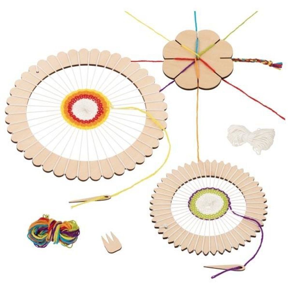goki Kreativset Rundwebrahmen und Knüpfblume Bastelset, 6 teilig, aus Holz, Webspiel