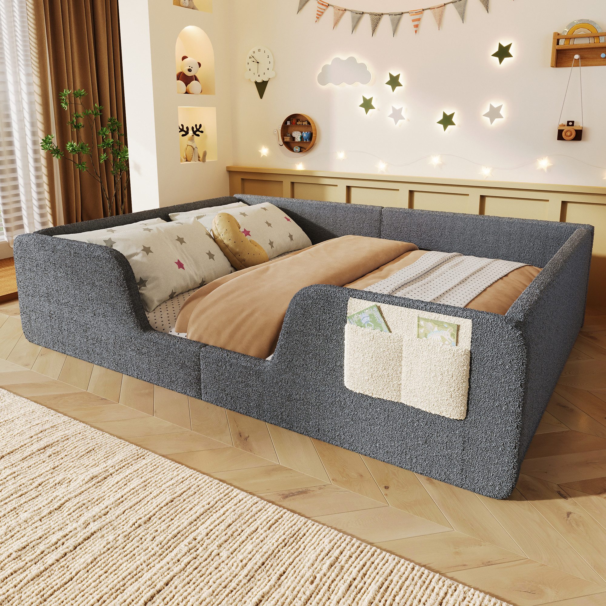 STILVORA Polsterbett 140x190 Kinderbett mit abnehmbare Sicherheitsgitter&Stofftasche Grau (gepolsterter Rundumschutz mit Stauraum Velours, mit Abnehmbare Seitengitter beige/Grau/Rosa), ohne Matratze