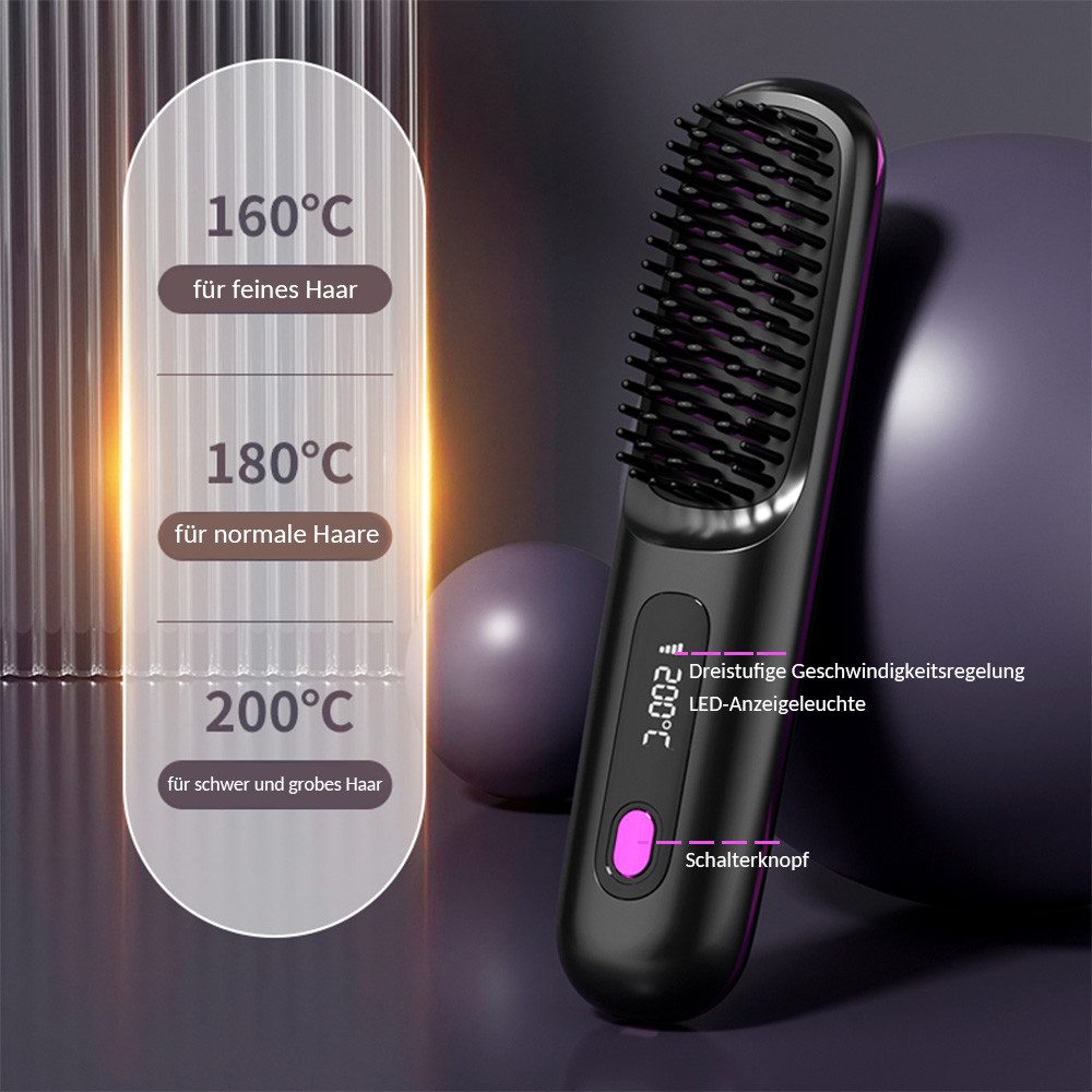 Fine Life Pro Haarglättbürste kabelloser Haarglätter, Stylingbürste, 3 Temperaturstufen, 3 Temperaturstufen, Negativ-Ionen-Technologie, glänzende Haare