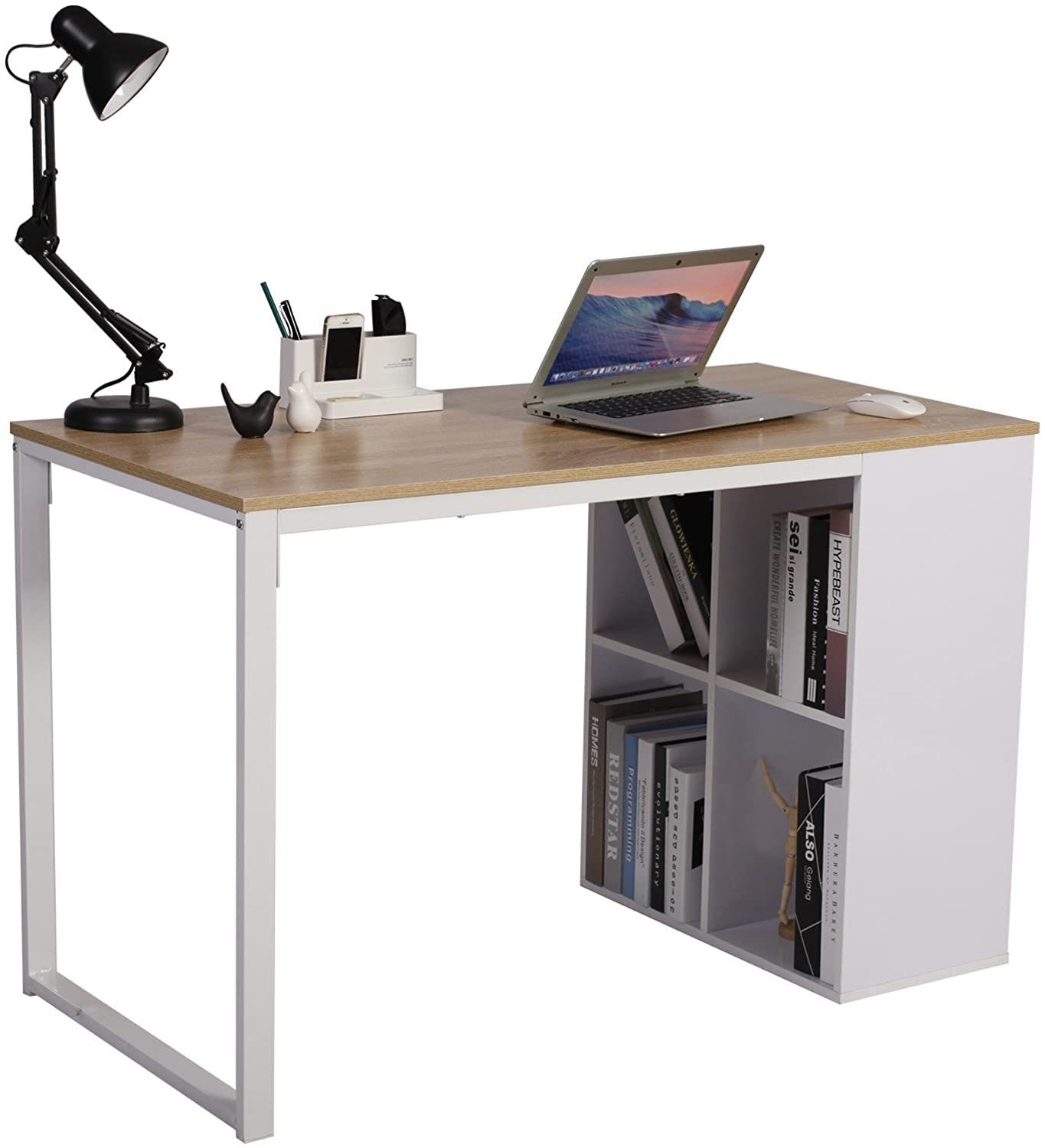 Woltu Schreibtisch (1-St), in Melamin, mit 4 Ablageflächen, aus Stahl, Holz