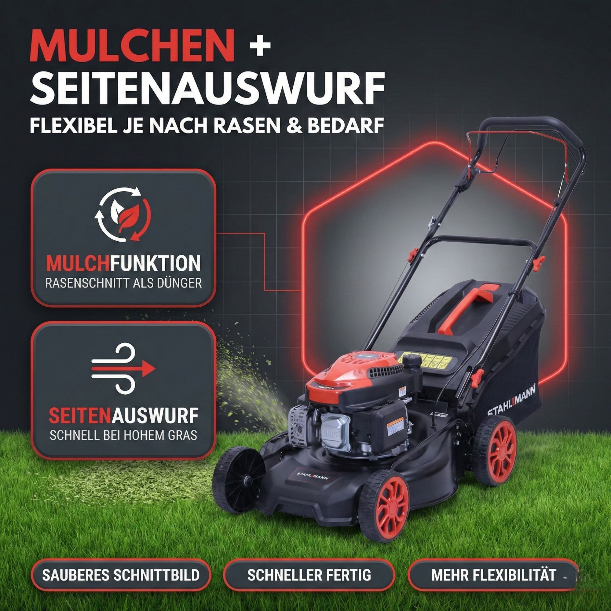 Stahlmann Benzinrasenmäher Rasenmäher Benzin mit Antrieb BR460 – 5,4PS (4,0kW) 170ccm mit Antrieb, 46 cm Schnittbreite, 46cm Schnittbreite, Mulchen, EasyClean, Große Räder, 60L Korb