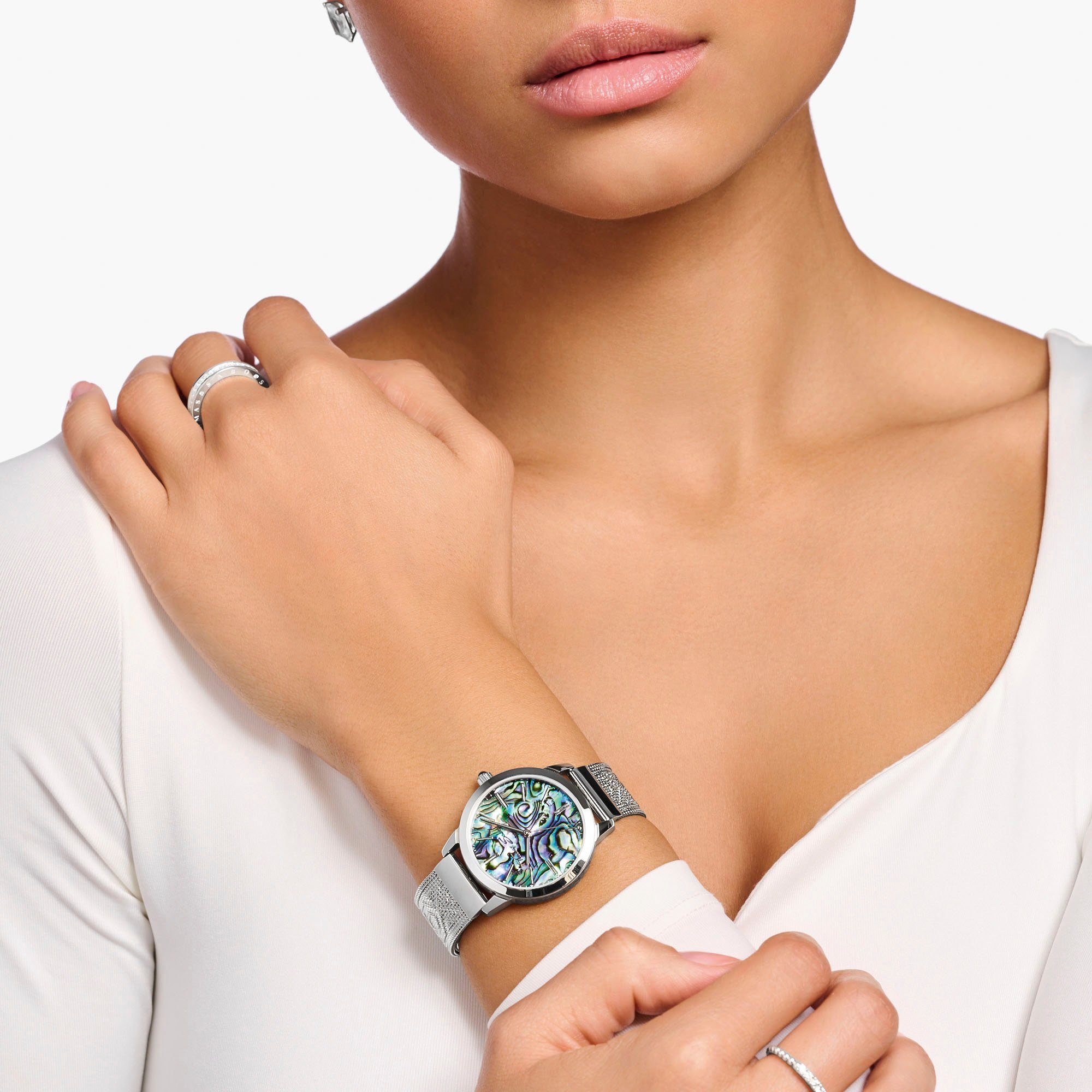THOMAS SABO Quarzuhr ARIZONA SPIRIT ABALONE WA0344-201-218-33 MM, Armbanduhr, Damenuhr, Hämatit-Stein auf der Krone, Abalone-Perlmutt