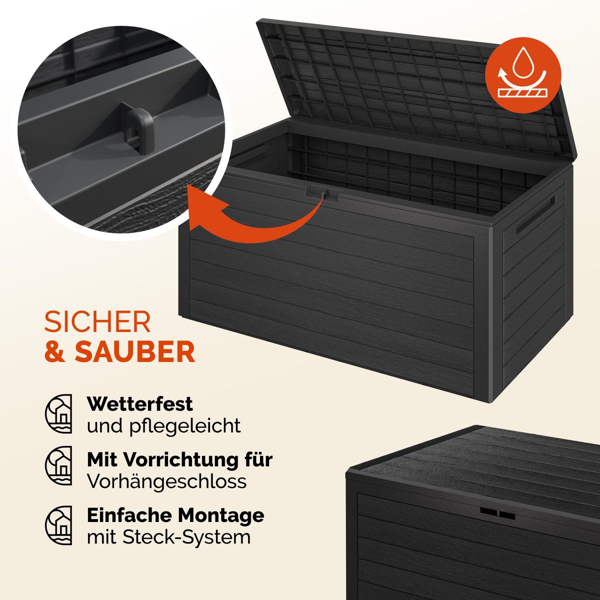 Casaria Auflagenbox Woody, 280L UV-stabil Griffmulden Verschließbar Balkon Holz-Optik Anthrazit
