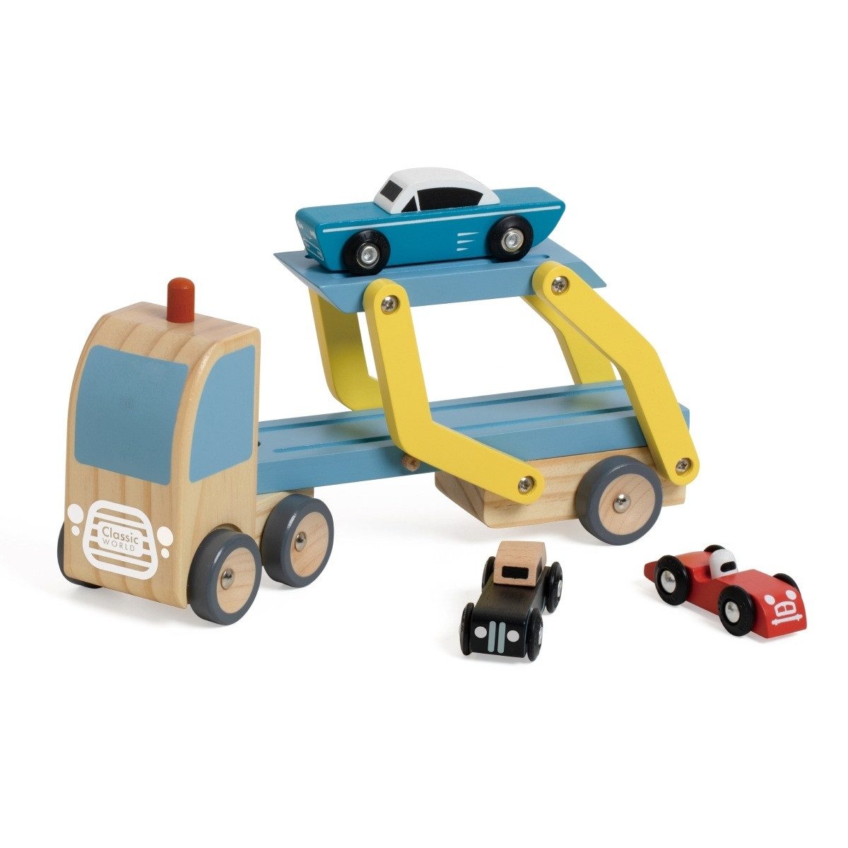 Classic World Spielzeug-Auto Holz Autotransporter mit 3 Autos, Spielzeug ab 18 Monaten
