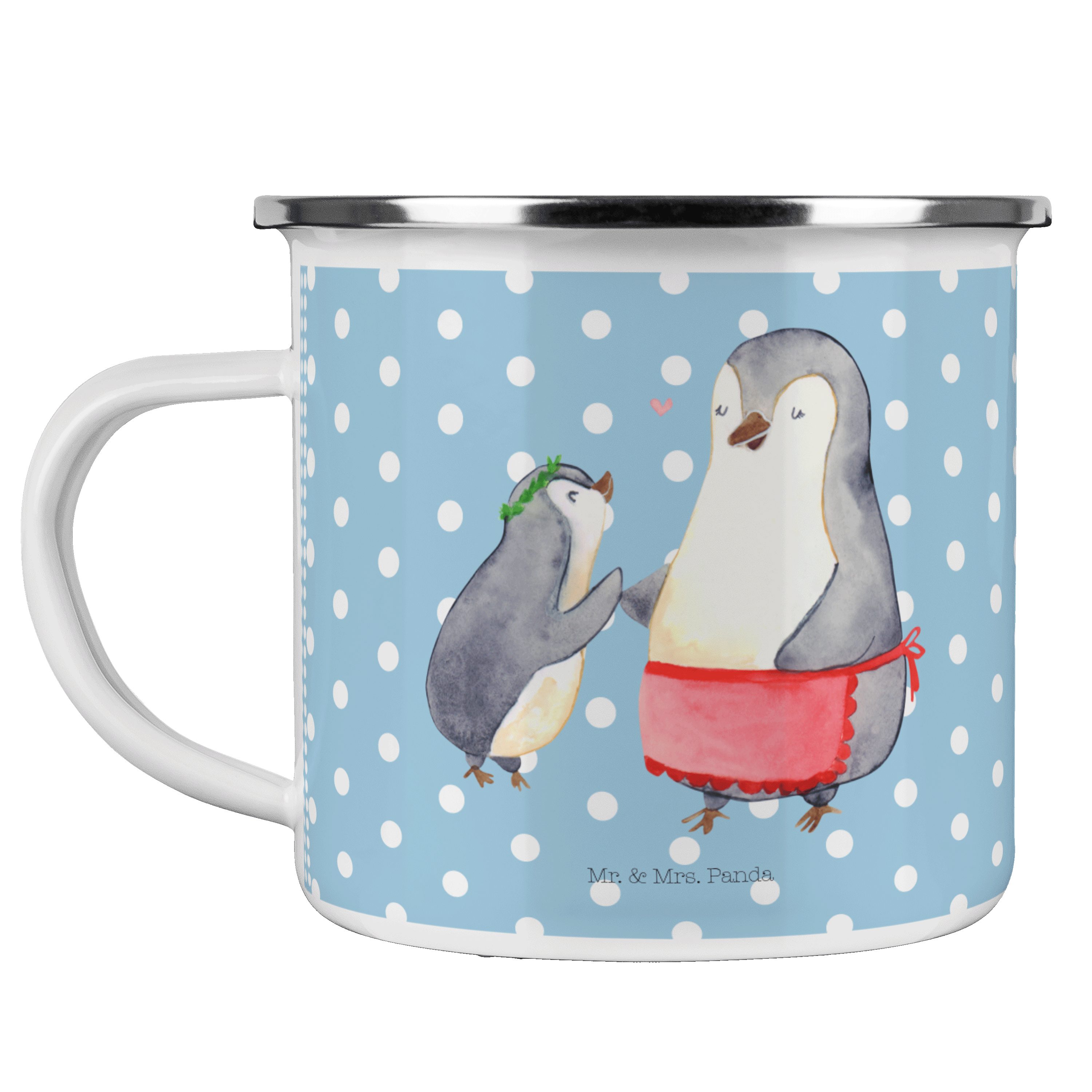 Mr. & Mrs. Panda Becher Pinguin mit Kind - Blau Pastell - Geschenk, Edelstahl Trinkbecher, Mu, Emaille
