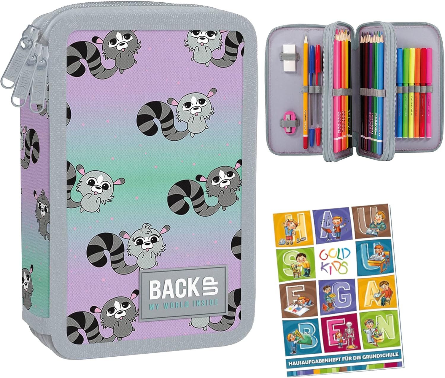 GOLDKIDS Federmäppchen Federtasche Lemuren 3-fache Federmappe 43-teilig, (gefüllte Schüleretui Stifte und Pinsel, 1-tlg., inkl. Aufgabenheft Federbox Etui), Stiftetasche Schlamper-Etui Schul-Etui