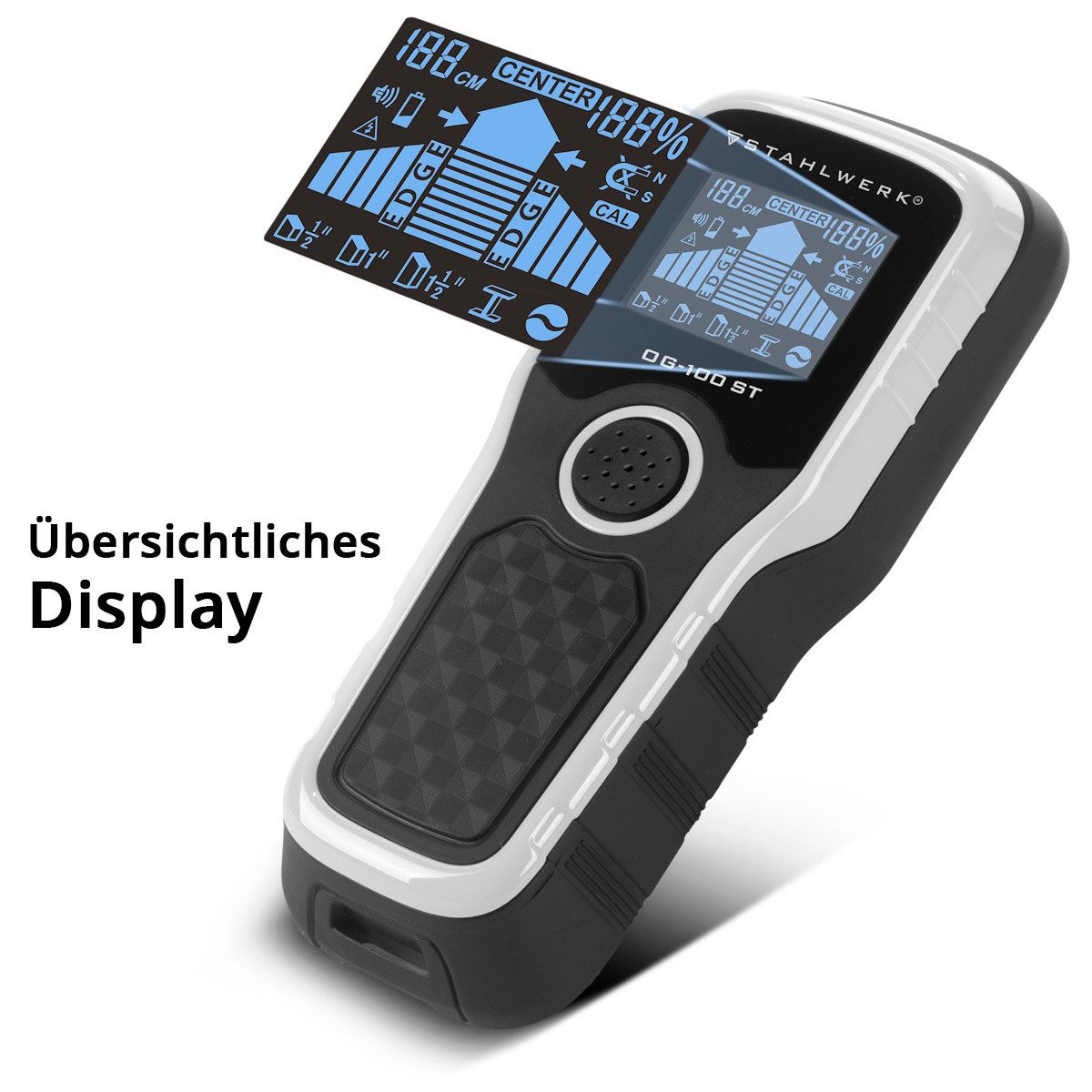 STAHLWERK Elektro-Multifunktionswerkzeug Ortungsgerät Wandscanner Metalldetektor Leitungssucher Bolzendetektor, 9 V, Set, Einzelartikel, übersichtliches LCD-Display