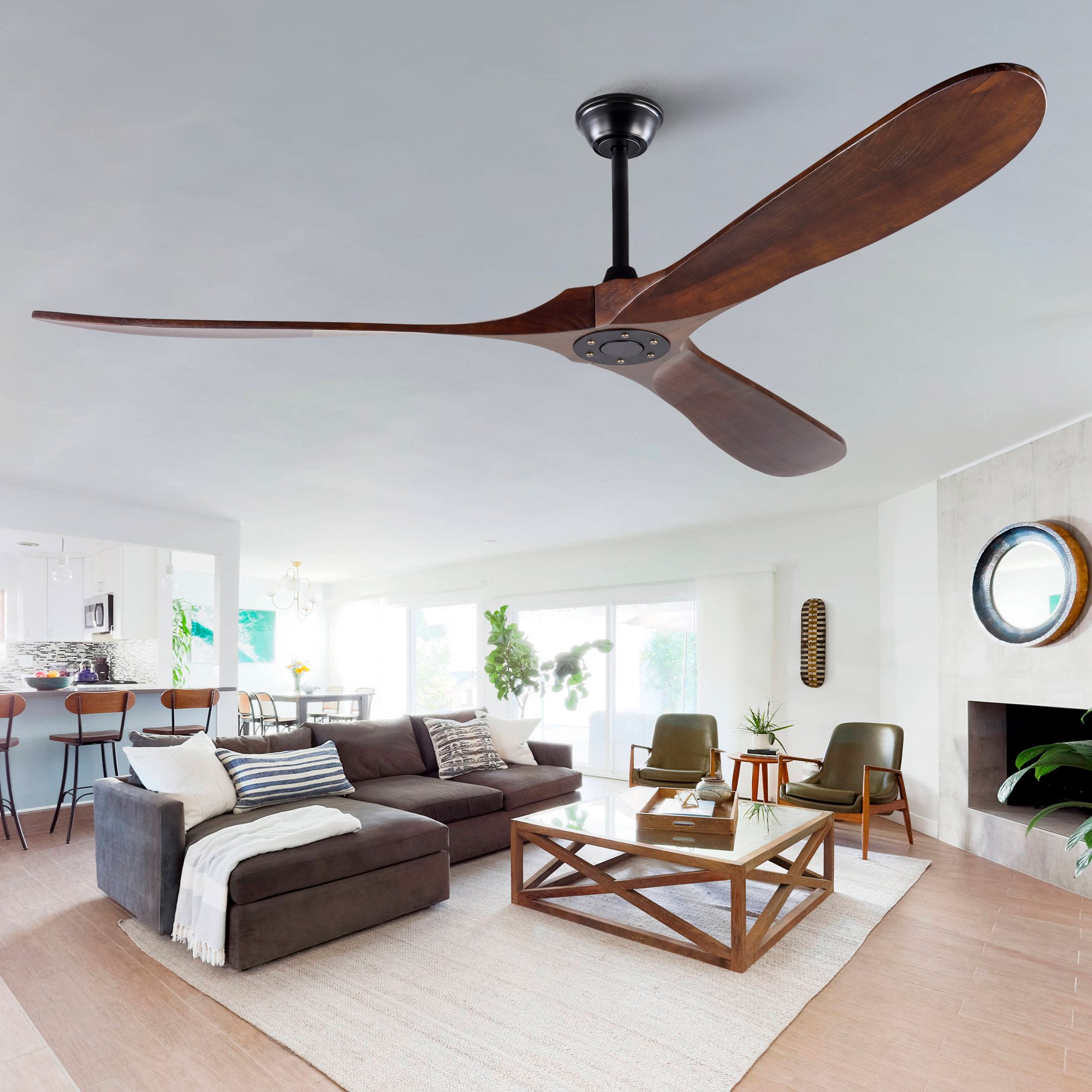 FELIXLEO Carbonheizlüfter Deckenventilator 70" Naturholz, wasserdicht, extra groß, mit Fallrohr