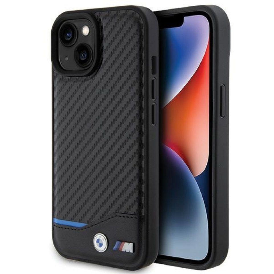 BMW Handyhülle Case iPhone 15 Leder Tricolor schwarz Carbon 6,1 Zoll, Kantenschutz
