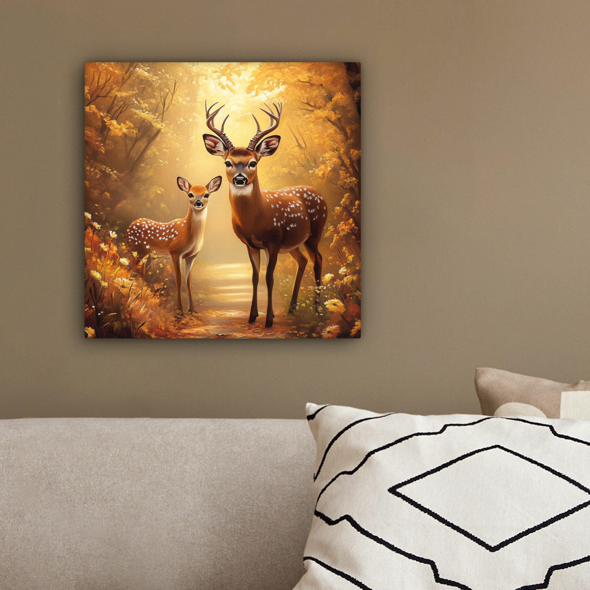 OneMillionCanvasses® Leinwandbild Herbst - Wald - Hirsche - Tiere - Natur - Braun, Fotodruck (1 St), Wandbild, Deko Schlafzimmer Wohnzimmer Flur 20x20 cm – Bild 4 von 5