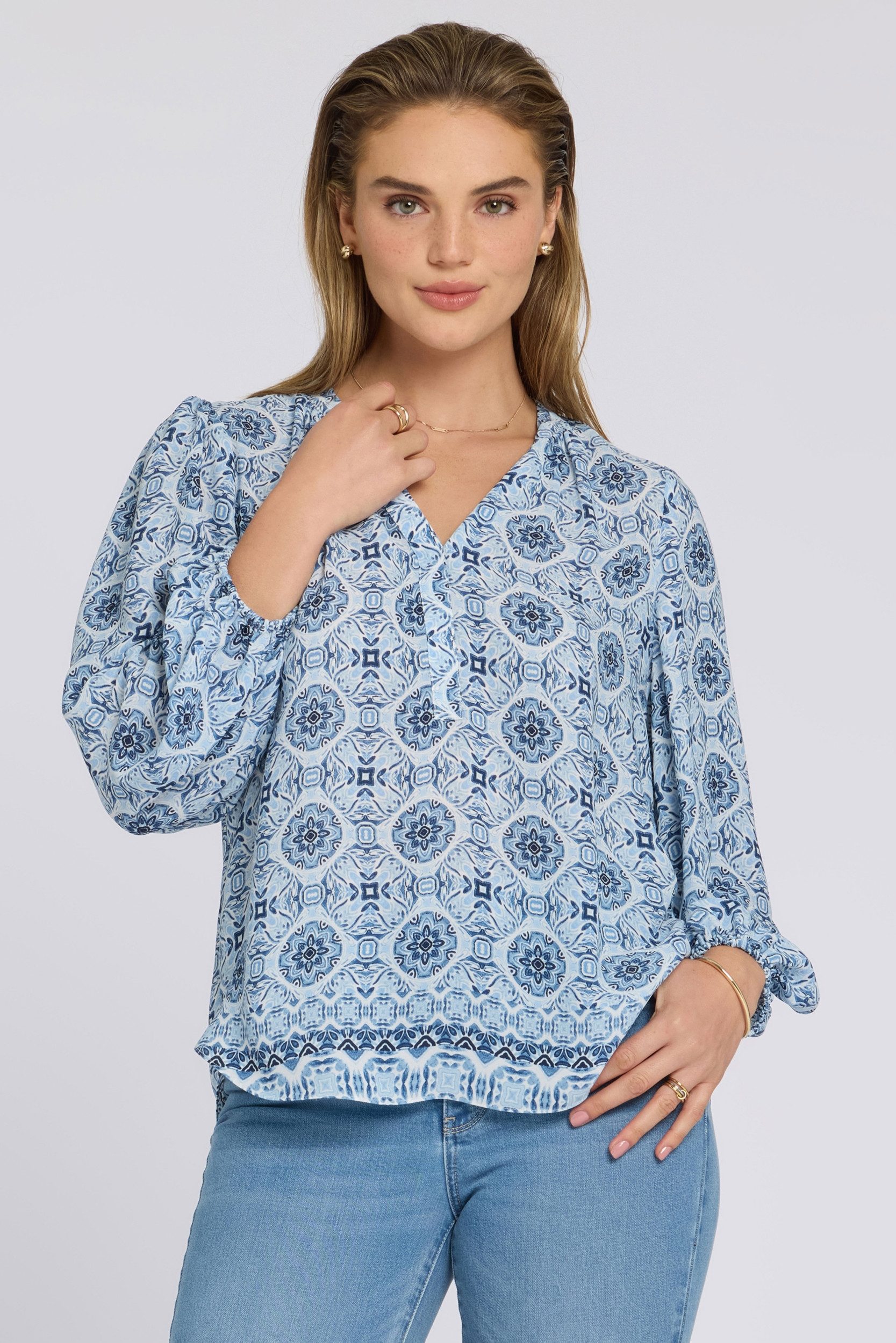 NYDJ Blusentop Puff Sleeve Popover Blouse