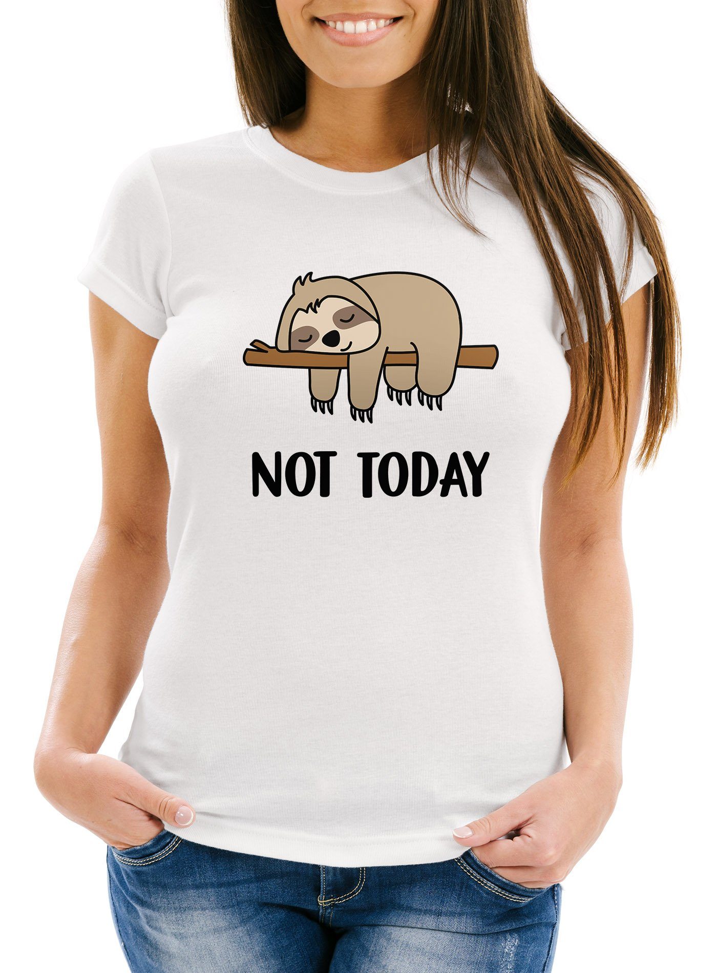 MoonWorks Print-Shirt Lustiges Damen T-Shirt Not Today Chillen Fun-Shirt Moonworks® mit Print Faultier weiß