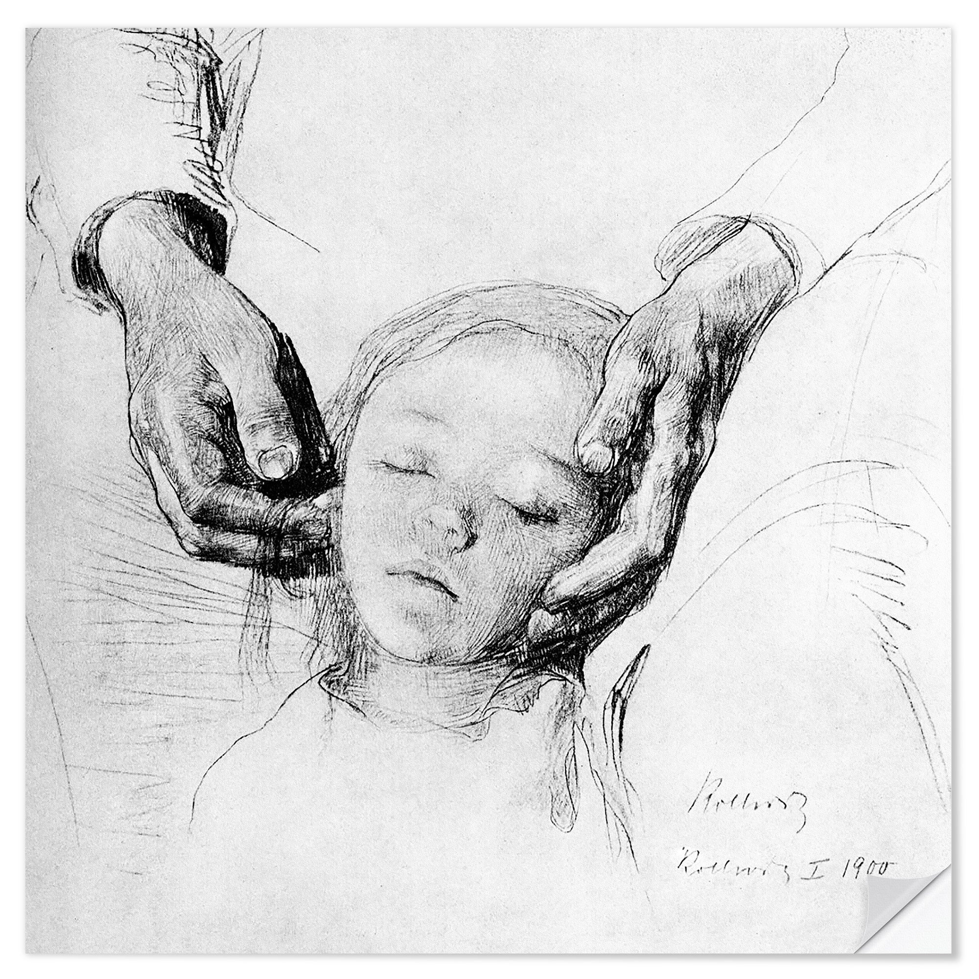 Posterlounge Wandfolie Käthe Kollwitz, Kopf eines Kindes in den Händen der Mutter, Malerei