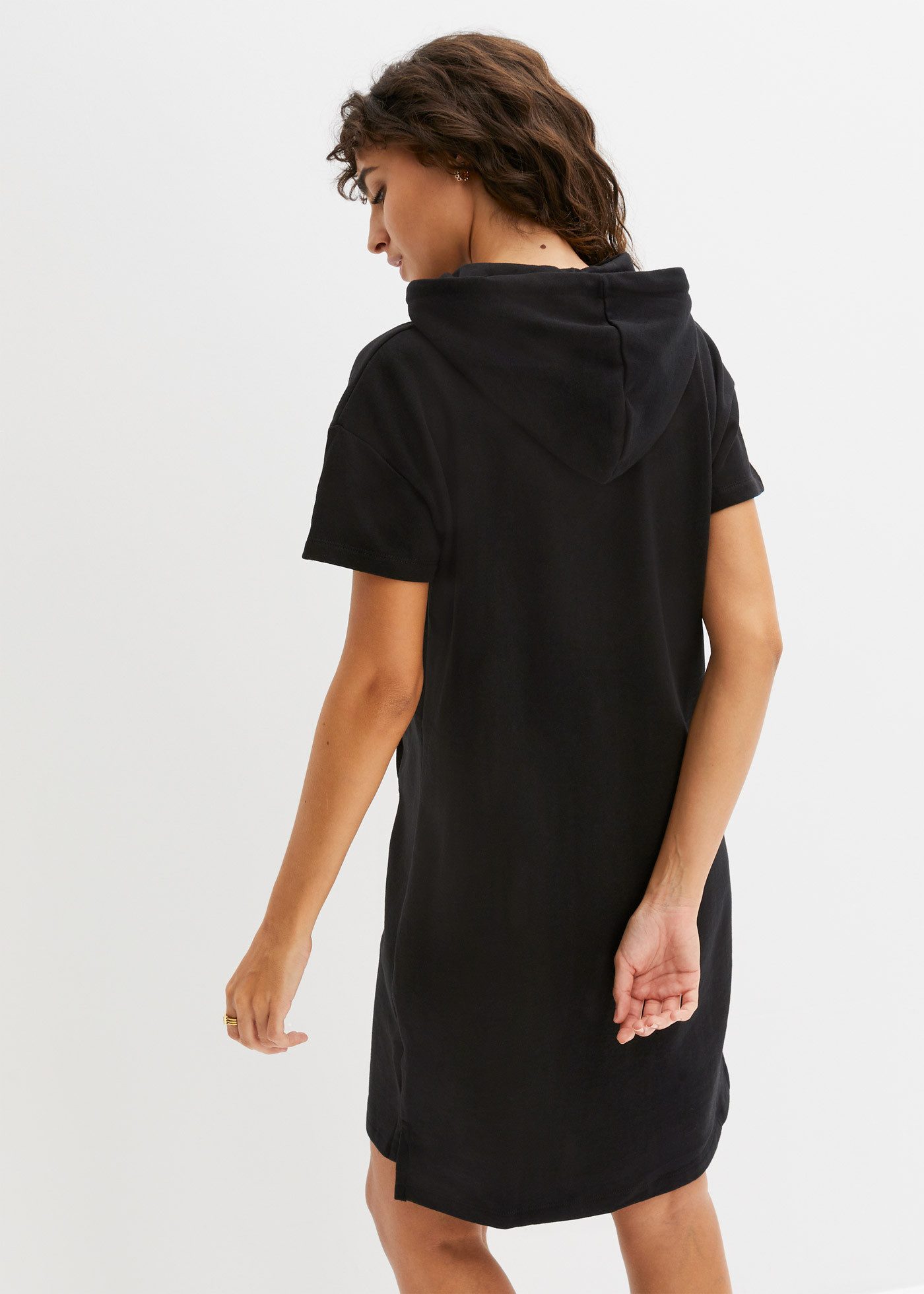 bonprix Sweatkleid aus Baumwolle, Loose fit, mit Kapuze, mit Kangaroo-Tasche, Kurzarm