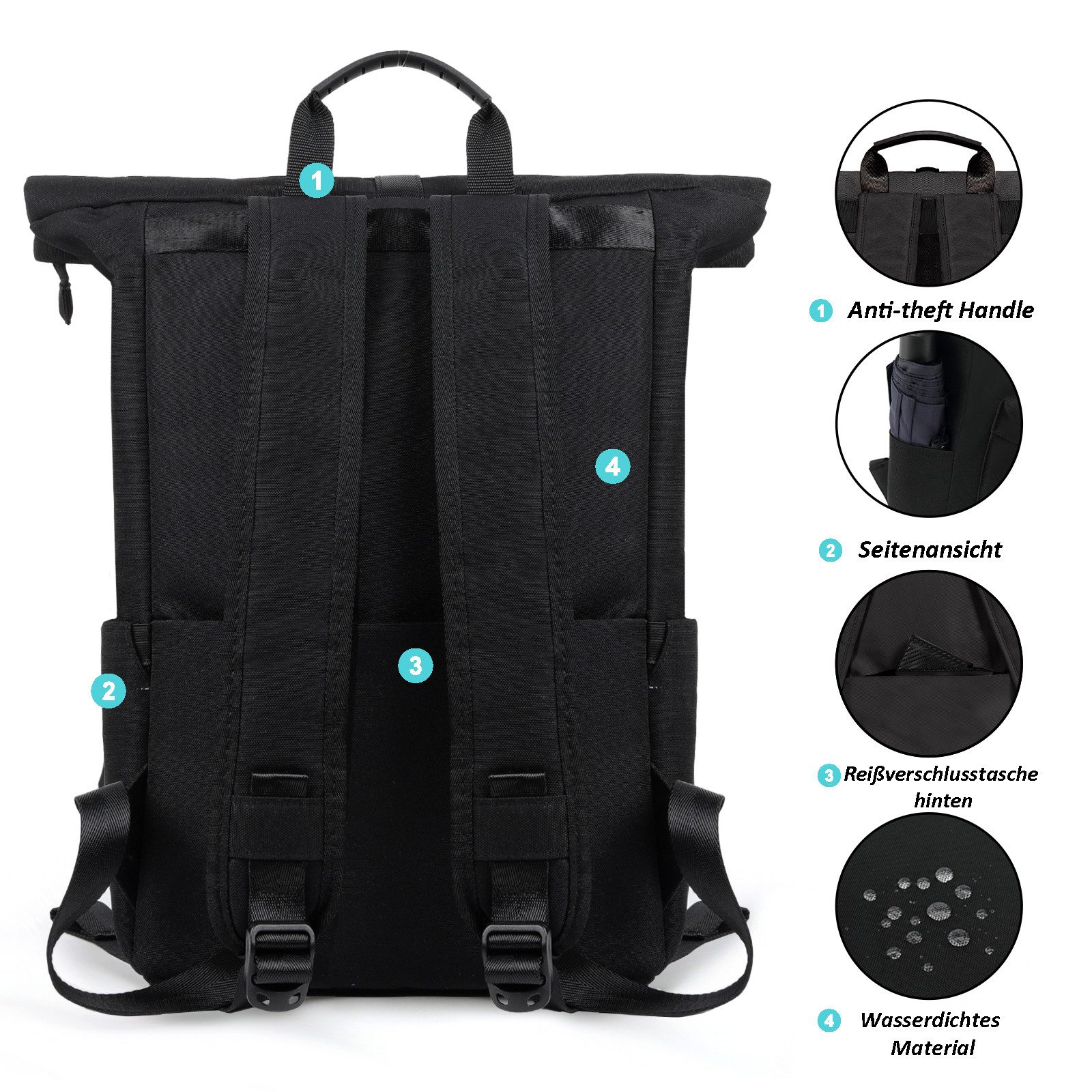 TAN.TOMI Cityrucksack Rolltop Rucksack Damen Herren, Rucksack Laptop Tasche 15,6 Zoll (Damen Herren weit öffenbar, Rolltop Rucksack wasserdicht), Backpack Daypack für Schule,Fahrradfahren,Freizeit und Reise