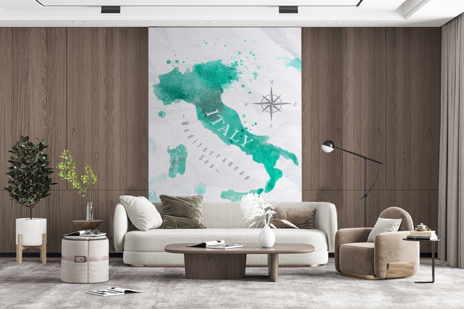 - Italien Tapete Türkis, - Wohnzimmer, für Weltkarte Wandtapete Montagefertig bedruckt, St), Matt, MuchoWow Vinyl (3 Fototapete