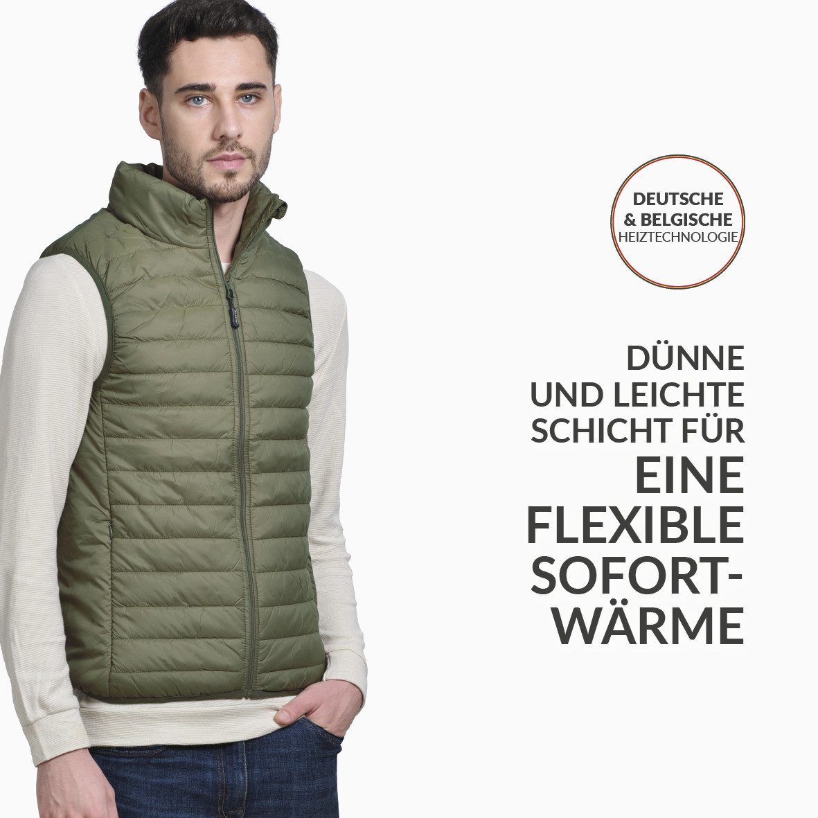 30seven Jagdweste beheizte Weste Regular Fit Herren - Khaki 5V Set inkl. 2 Powerbanks & Ladegeräte