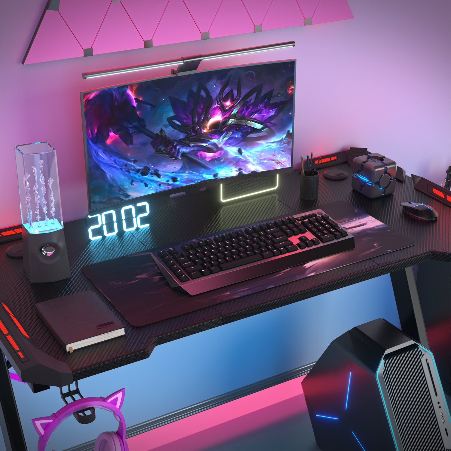 HOMALL Gamingtisch LED Gaming Tisch,Computertisch,mit RGB Lichtern 120/140/160cm (Gaming-Tisch mit RGB-Beleuchtung, passenden Getränkehaltern und Kopfhörerhaken sowie Z-förmigen Tischbeinen-ostern geschenke)