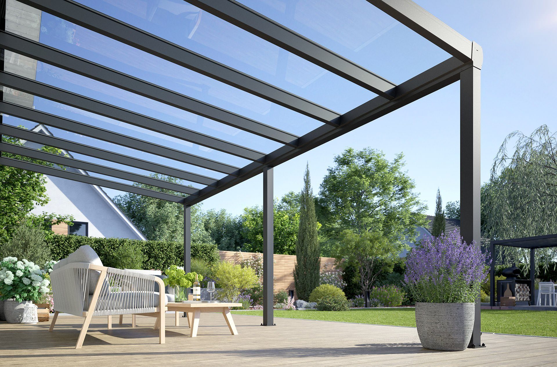 Rexin Terrassendach REXOpremium – hochwertiges Aluminium Terrassendach 6m x 2,5m, BxT: 606x250 cm, Bedachung VSG-Glas klar oder VSG-Glas grau, mit 4mm starken Profilen, Terassenüberdachung, Vordach