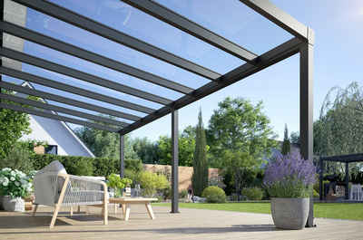 Rexin Terrassendach REXOpremium – hochwertiges Aluminium Terrassendach 5m x 3,5m, BxT: 506x350 cm, Bedachung VSG-Glas klar oder VSG-Glas grau, mit 4mm starken Profilen, Terassenüberdachung, Vordach