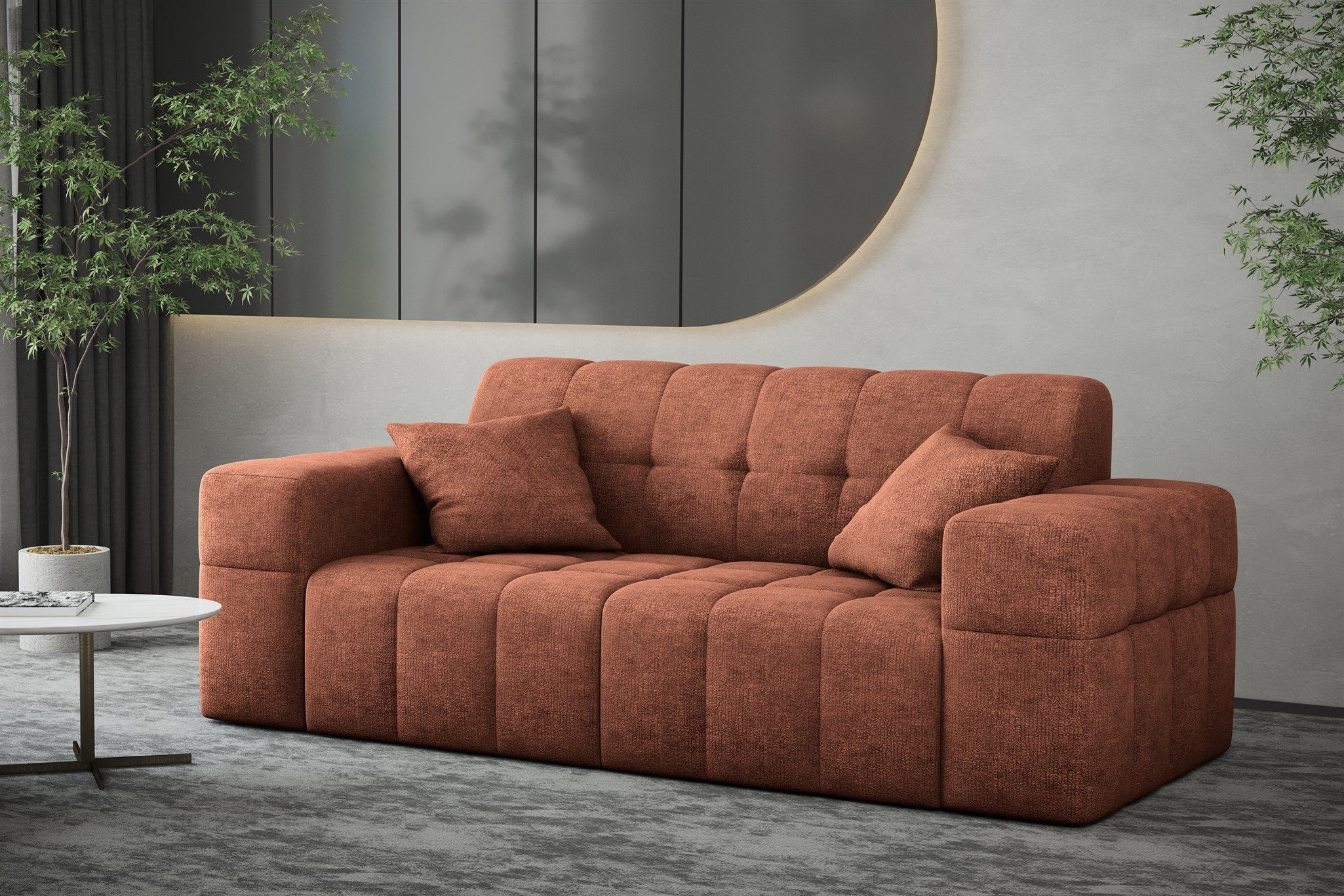 Fun Möbel Sofa Sofa Designer-Sofa NANCY 2-Sitzer in Stoff Harmony, Rundumbezug Rostbraun