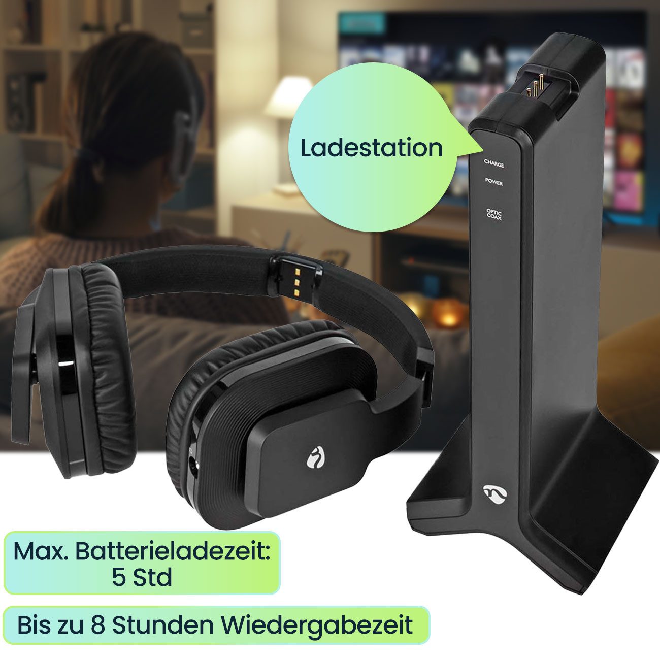 Nedis Funk TV-Kopfhörer kabellos, 25m Reichweite, Ladestation & Akkus Funk-Kopfhörer (25m Reichweite, Ladestation, TosLink, Cinch, Coax Audio) – Bild 2 von 5