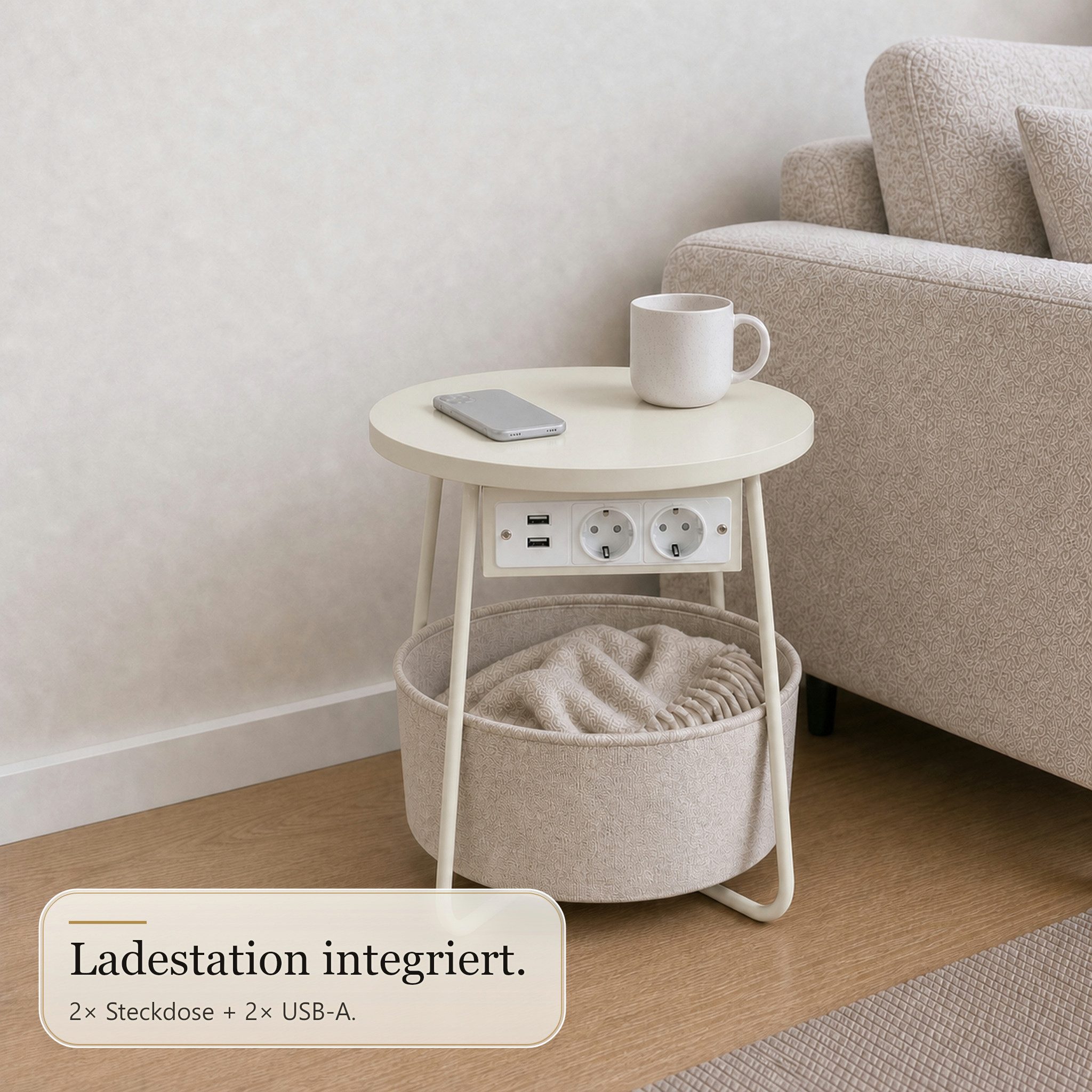Floordirekt Couchtisch Dario Runder mit 2 Steckdosen A Stauraumkorb 2 USB 4 Farben (Einzelartikel), Integrierte Stromanschlüsse und USB-Ports – Bild 2 von 5