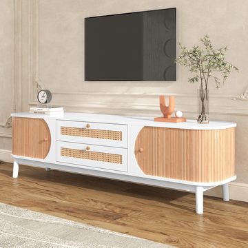 MODFU TV-Schrank Lowboard (TV-Schrank mit Türen und Schubladen, TV-Ständer mit Rattanseiten) Natürlicher Landhausstil.