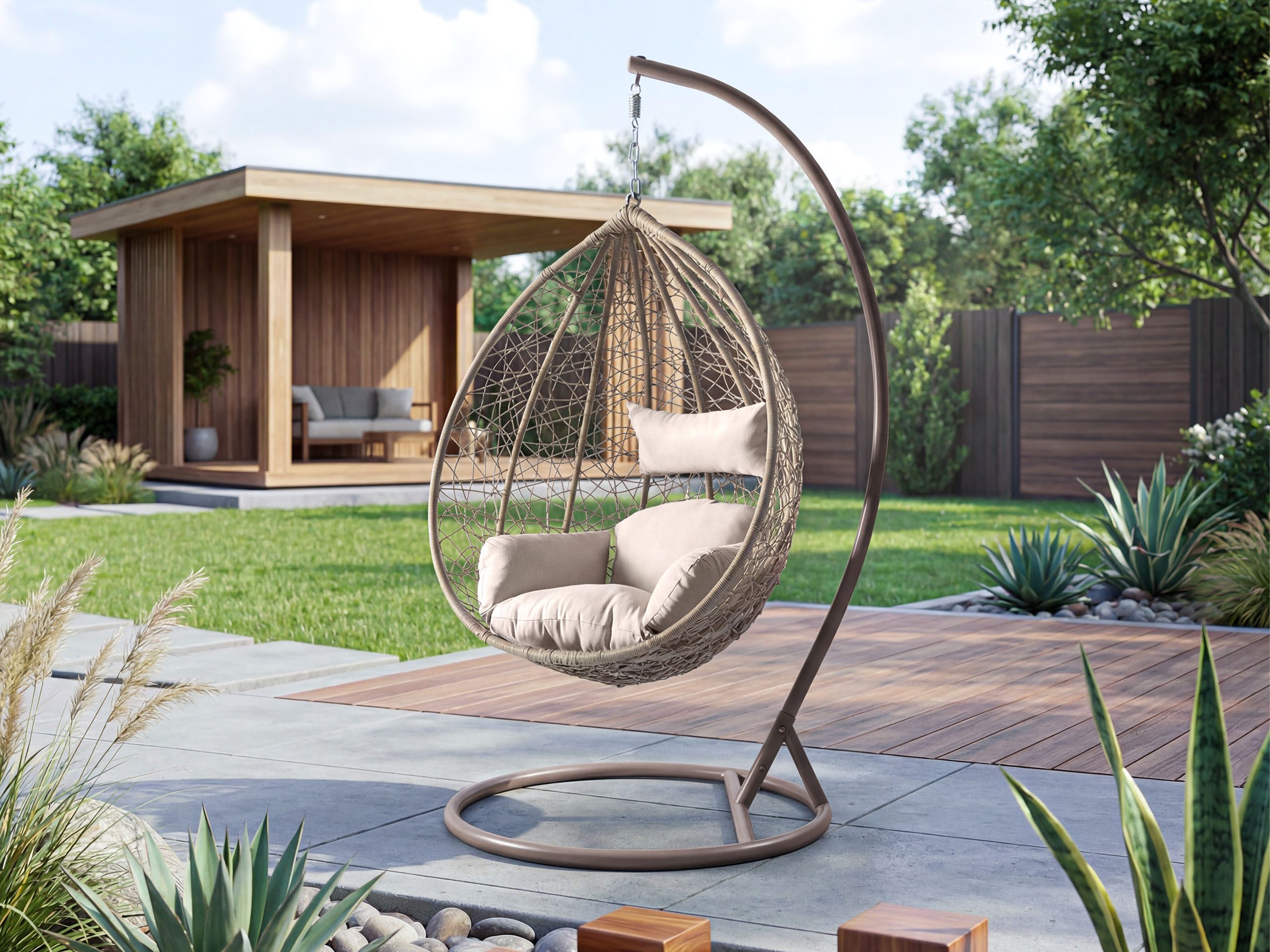 MIRJAN24 Hängesessel Savona (Korb aus Rattan), Metallskelett, Kissen-Set, 106x105x195 cm