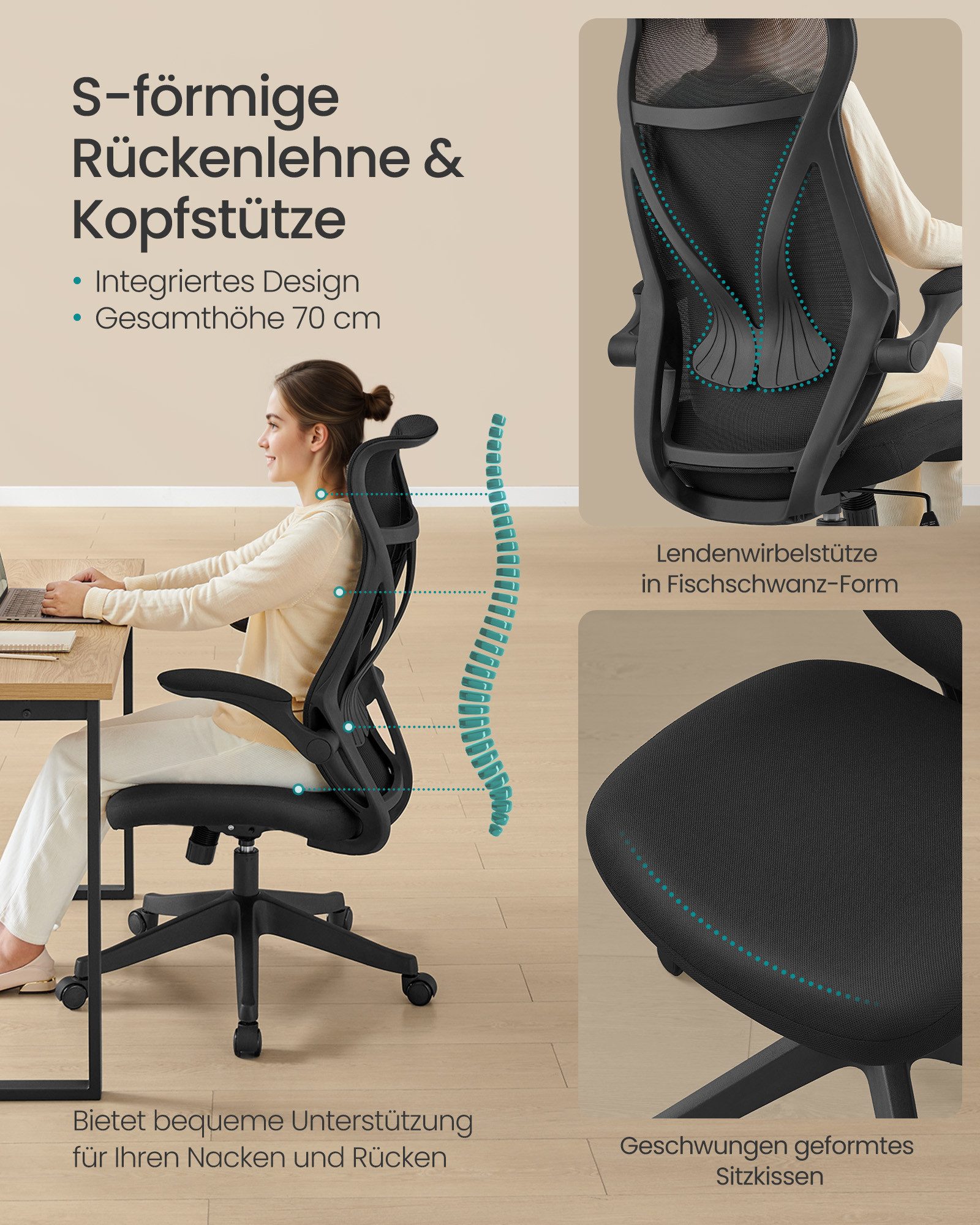 SONGMICS Bürostuhl, Schreibtischstuhl, ergonomische Rückenlehne, hochklappbare Armlehnen