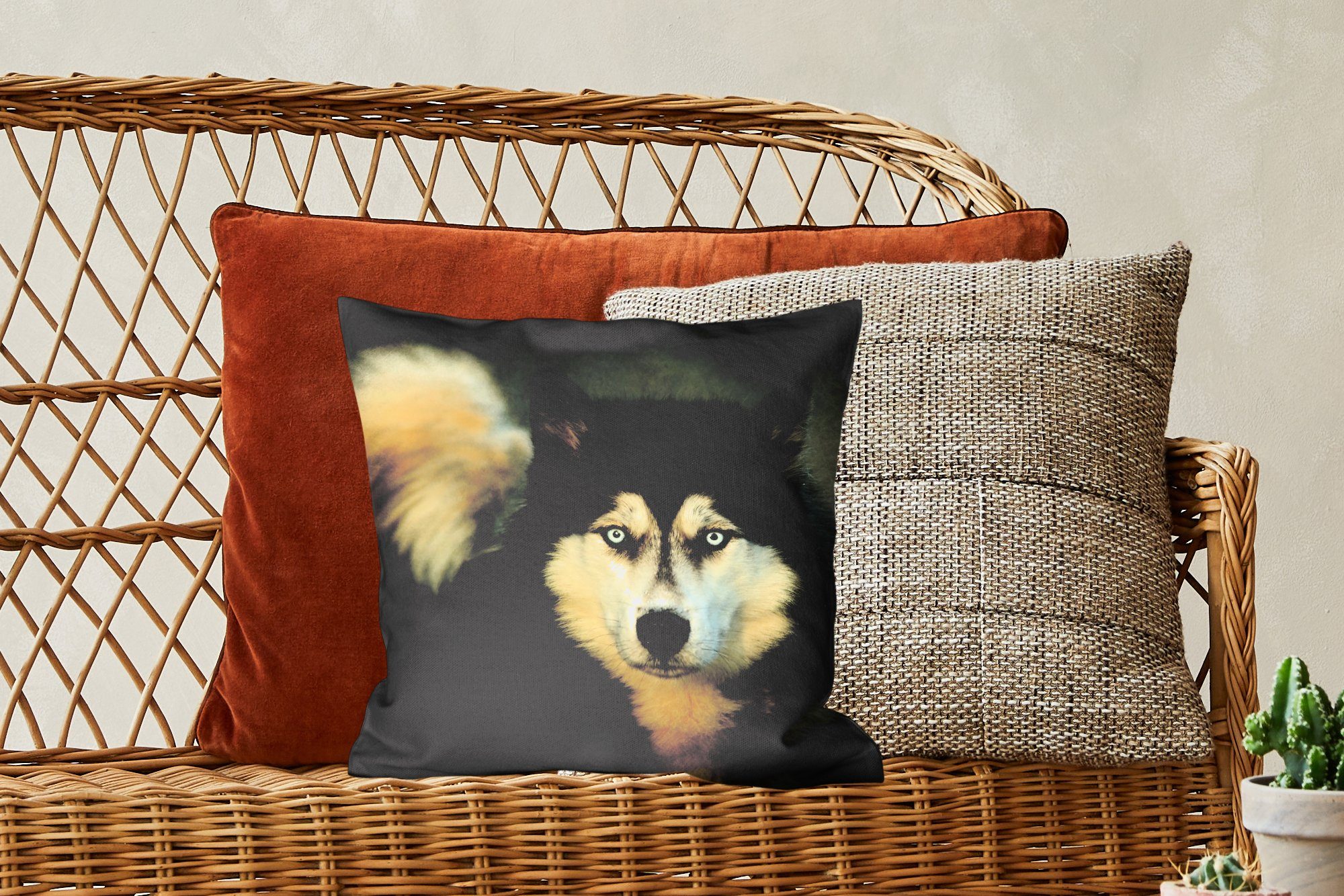 schaut Deko, für MuchoWow die Wohzimmer, Zierkissen Husky Dekokissen mit Kamera, in Schlafzimmer, Füllung Sofakissen