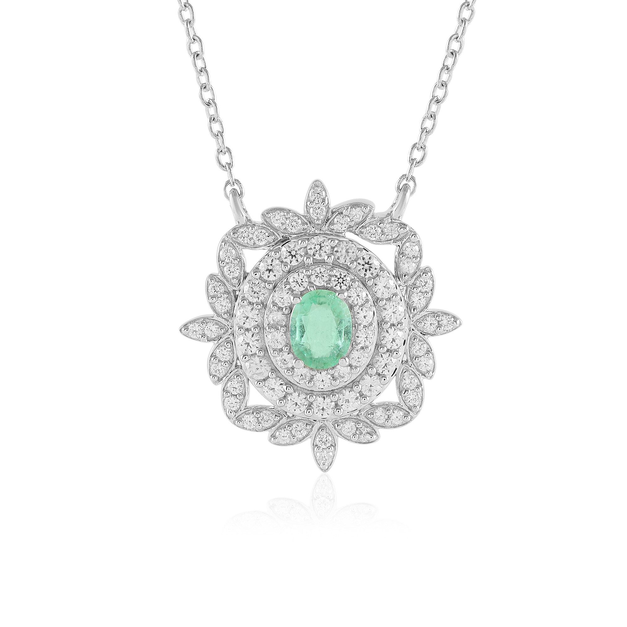 Cavill Silberkette Cavill Smaragd 0,28 ct Oval Silbercollier mit Zirkon-Blüte platin. (1-tlg)