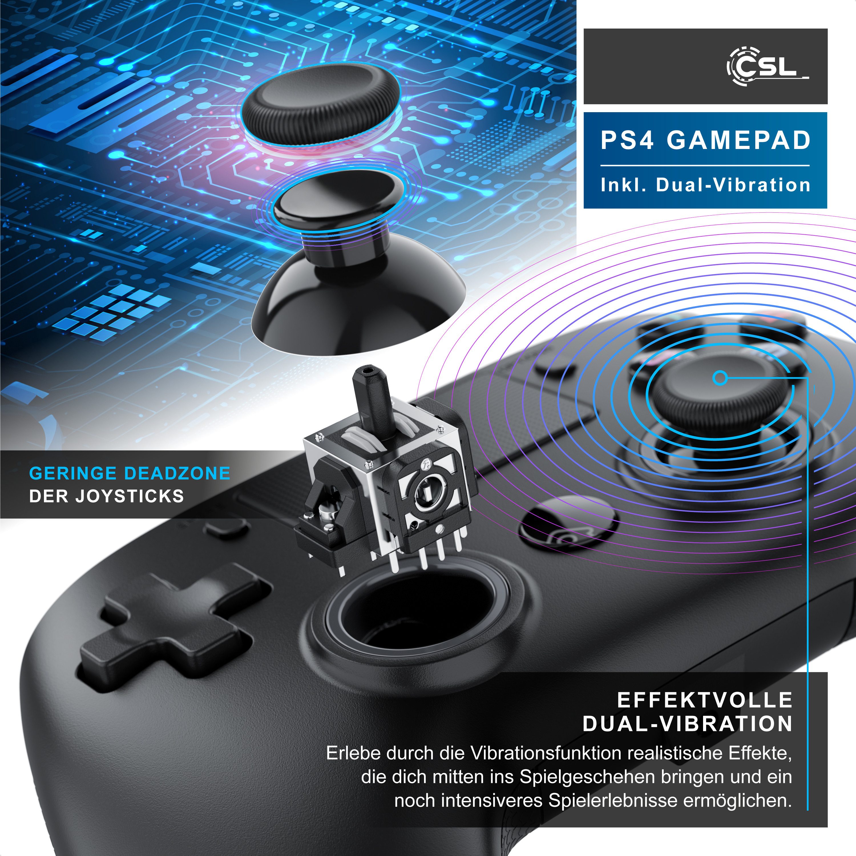 CSL Wireless Gamepad für PS4 & PC, Dual Vibration, Touchpad, 3,5 mm Klinke PlayStation 4-Controller (1 St., für Playstation 4 Pro / Slim, Makro, LED, Bluetooth, Headset Anschluss)