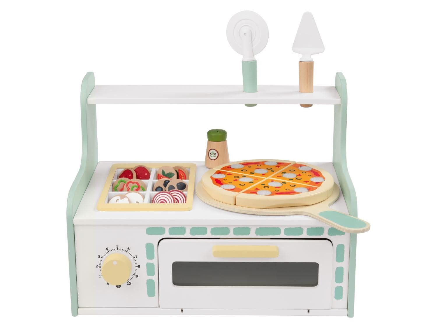 lupilu Spielzeug-Servierwagen Echt-Holz Spielzeug 18tlg Kinder Rollenspiel Pizzaofen, (Komplettset, 18-tlg., 18-teiliges Set), drehbarer Knopf mit Klickgeräusch, Pizzabelag, Speisetafel