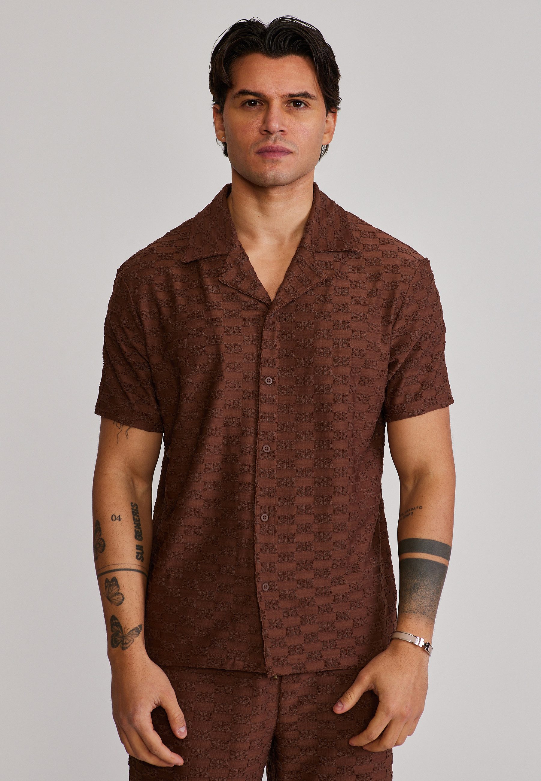 Siksilk Kurzarmhemd SikSilk Herren Braun Towelling Shirt