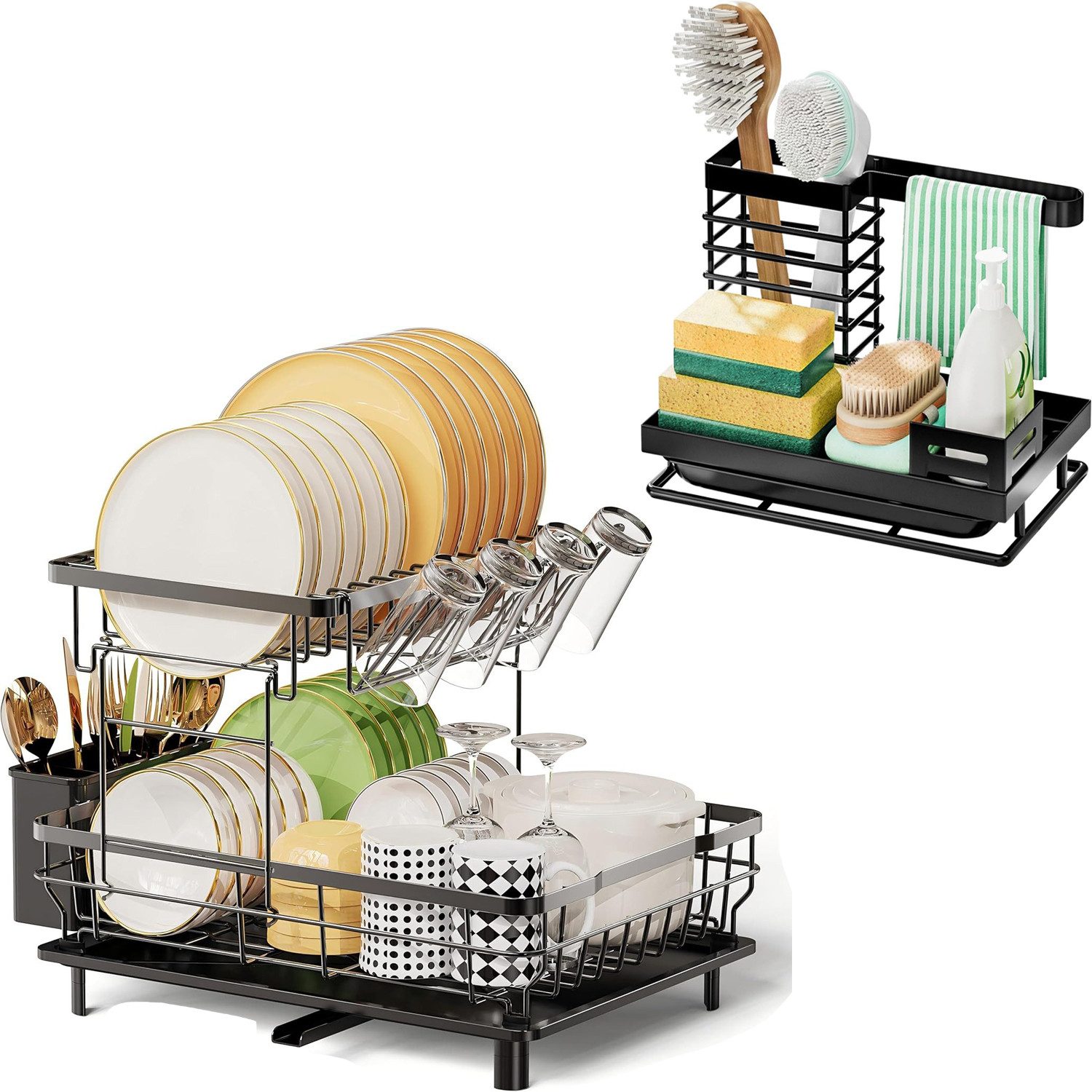 Refined Living Geschirrständer Geschirrständer & Spülbecken Organizer Set – 2in1 Küchenhelfer Set, Zubehör für Zubehör für Geschirrabtropfer mit Abtropfwanne, Geschirr-Abtropfgestell, Abtropfgestell Küche,Spülbecken Organizer Küchen, Spüllappenhalter mit