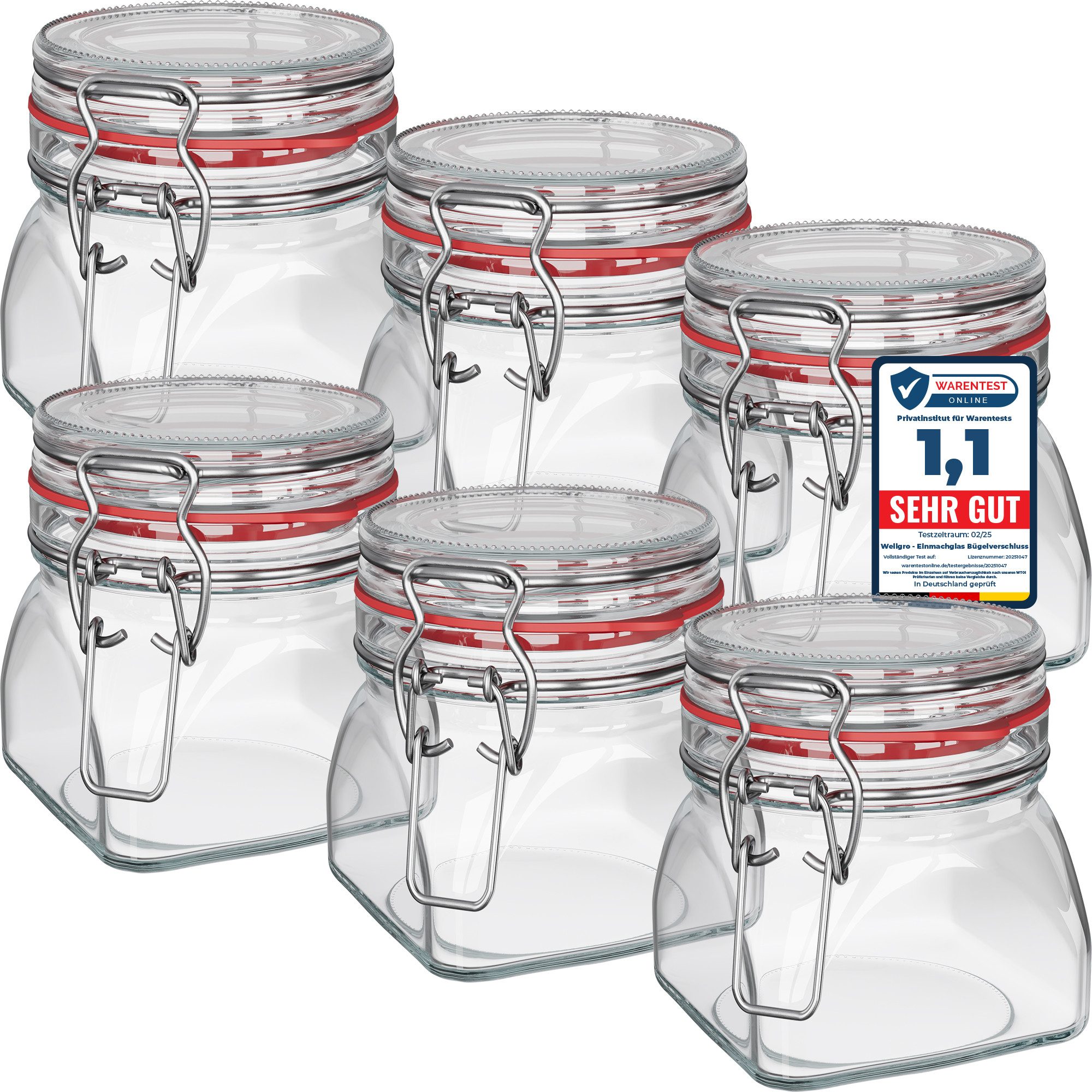 Wellgro Vorratsglas Einmachgläser mit Bügelverschluss eckig, Fermentierglas, (6-tlg)