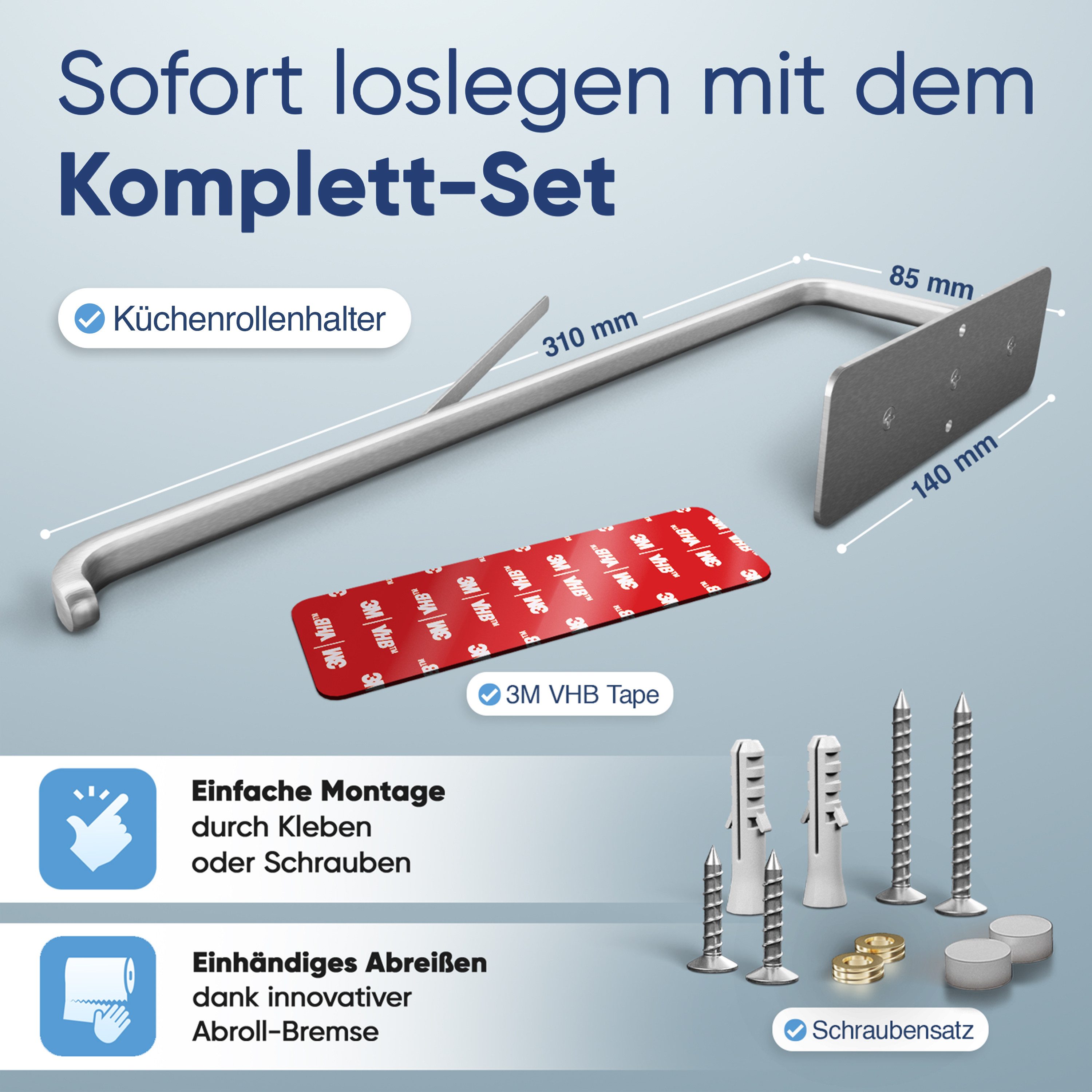 Wohnheld Küchenrollenhalter ohne Bohren - Einhändig Abreißen - Extrem Stabil, Papierrollenhalter Wand Rollenhalter selbstklebend