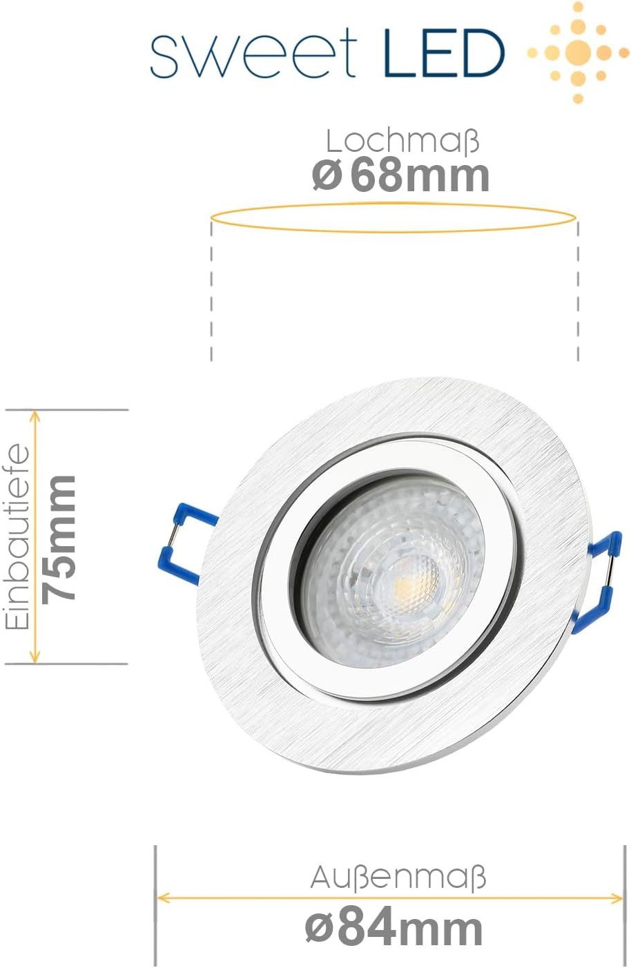 Sweet LED LED Einbaustrahler 6er Set IP44 Bad Aluminium GU10 7W LED Spots 230V Alu-gebürstet, Leuchtmittel wechselbar, 3000K - warmweiß, Deckenspots, Deckenstrahler, Einbauleuchten, spritzwassergeschützt