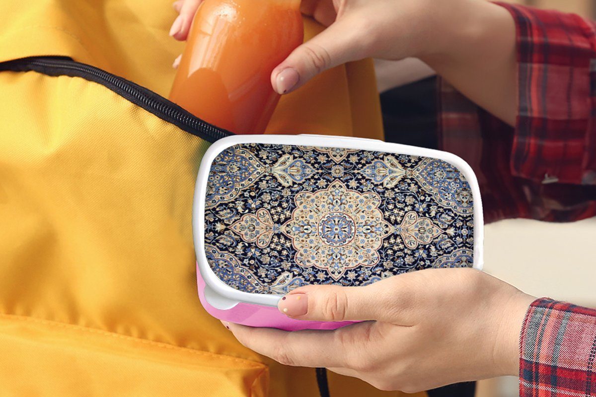 Mädchen, (2-tlg), Snackbox, - Brotdose für Teppich Erwachsene, Persischer - rosa Lunchbox Kunststoff Teppich Brotbox - Kunststoff, Mandala Blau, Kinder, MuchoWow